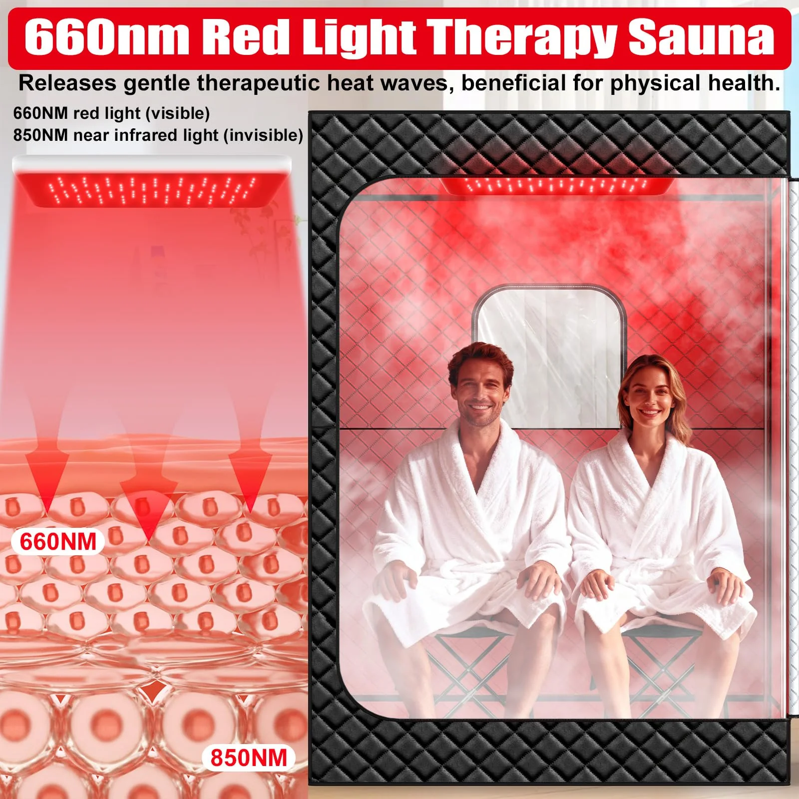 2 Person Infrared Sauna Box for Home, Portable Steam Sauna Room with 660nm+850nm Red Light Therapy Lamp, 5-Layer Waterproof, 2 Steamers, 2 Folding Chair, 2 People Red Light Sauna - Image 5