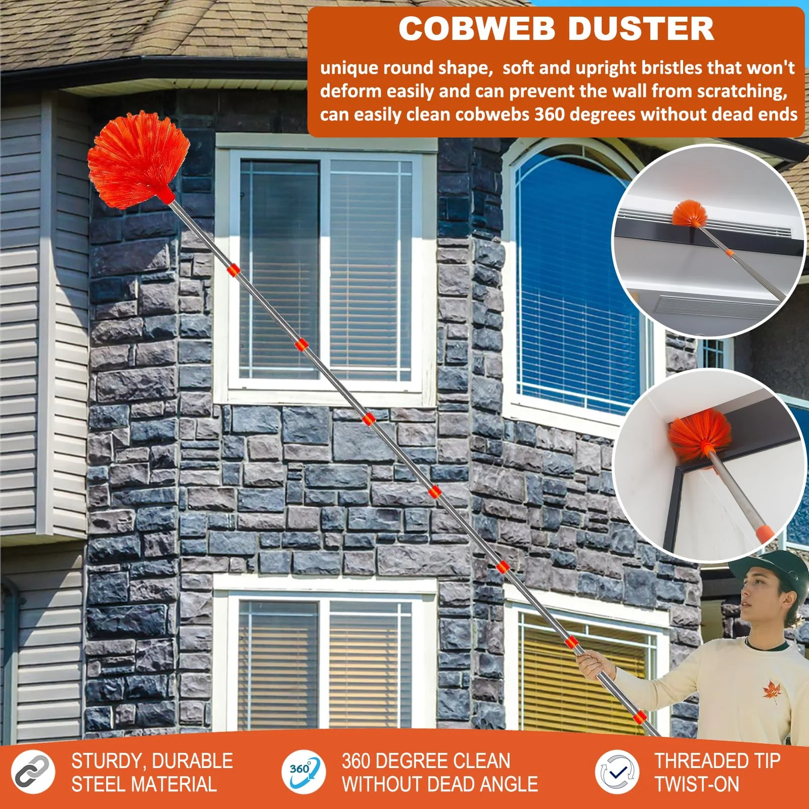 20 Feet High Reach Duster Kit with 2-14 ft Extension Pole, Cobweb & Corner Brush Cleaning Duster Kit for Cleaning, Microfiber Feather Duster Cleaner with Washable Head for Ceiling Fan, Furniture, Home - Image 4