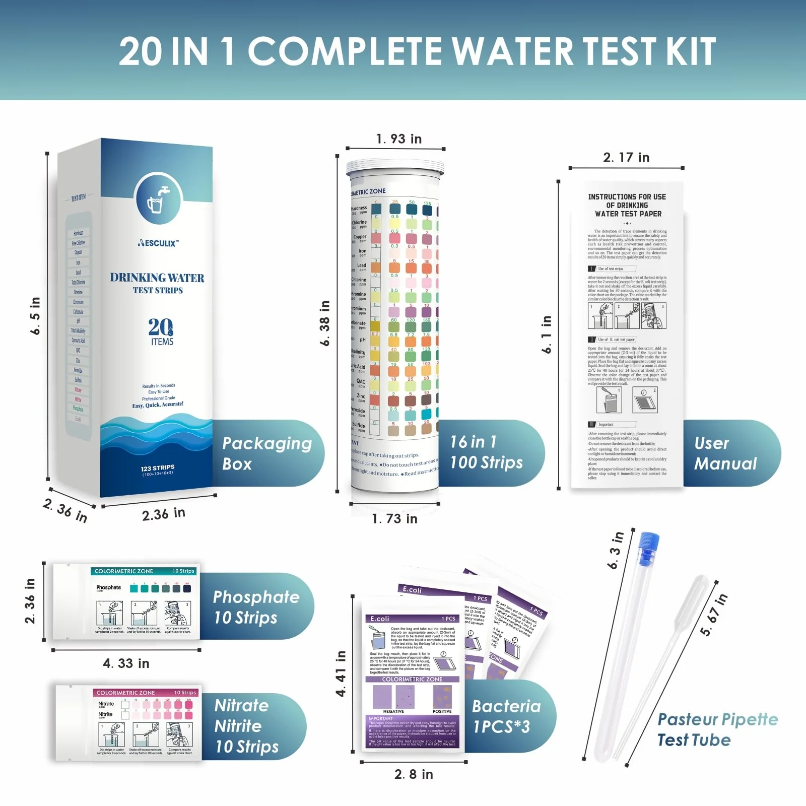 20 in 1 Water Tester for Drinking Water, Well Water Testing Kit, Suitable for Household Tap Water, Natural Water Quality Testing, Can Detect Water Hardness, Chlorine, Lead, Ph, Etc. (123 Test Strips) - Image 7