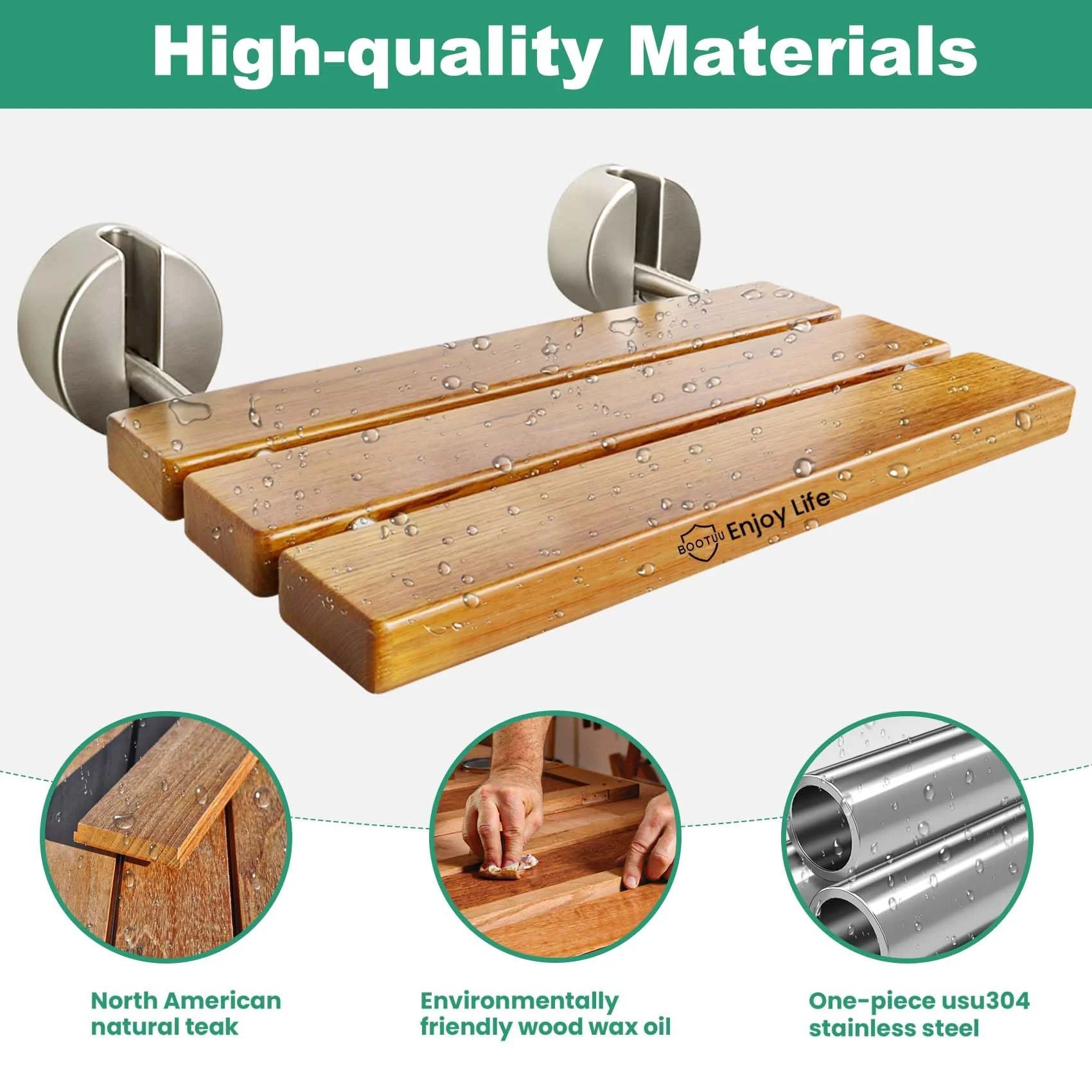 20 Inchs Teak Folding Shower Seat Wall Mounted, Fold Down Shower Seat for Inside Shower, Home Care Folding Shower Seat, Wall Mounted Shower Bench with 400 Lb. (Wood) - Image 2