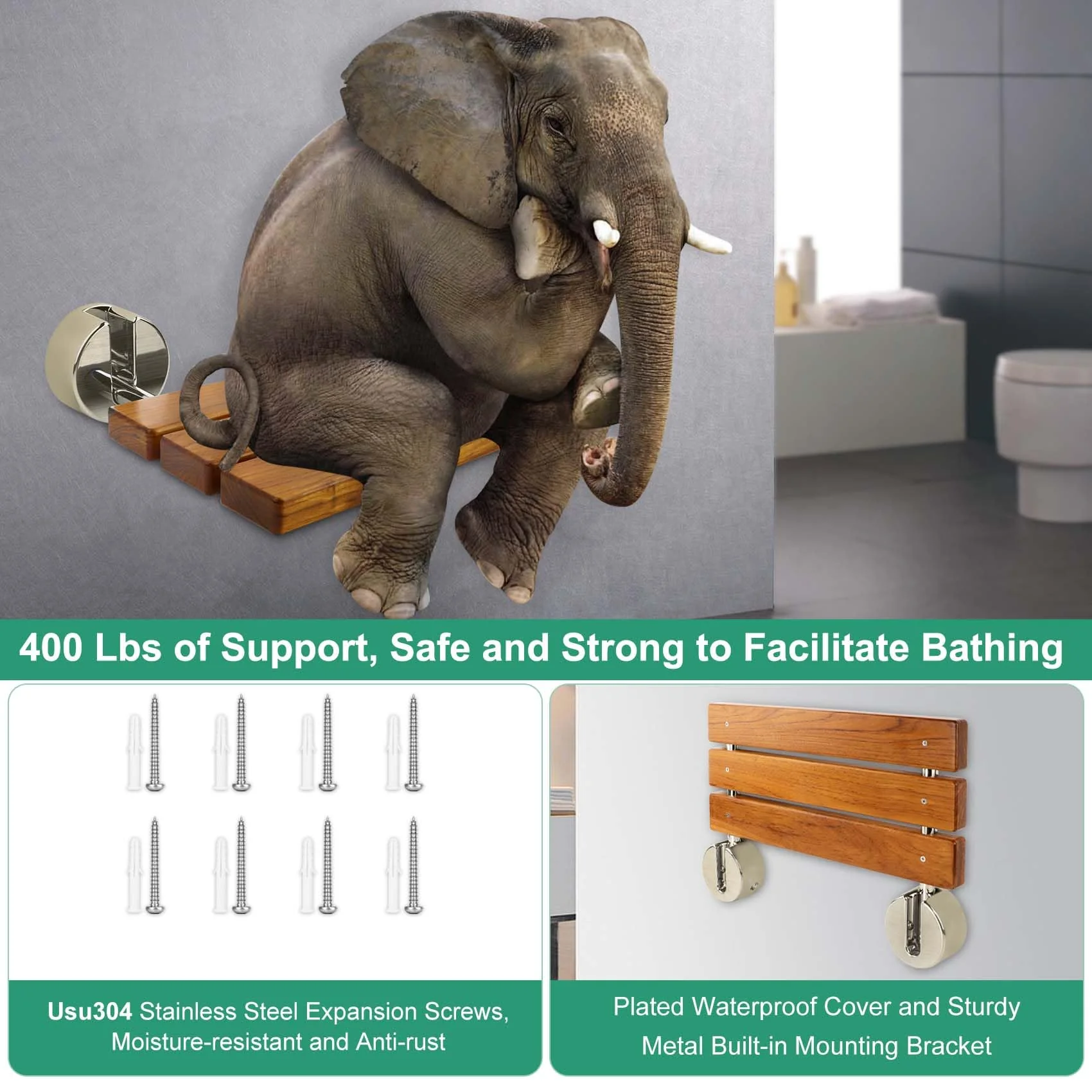 20 Inchs Teak Folding Shower Seat Wall Mounted, Fold Down Shower Seat for Inside Shower, Home Care Folding Shower Seat, Wall Mounted Shower Bench with 400 Lb. (Wood) - Image 5