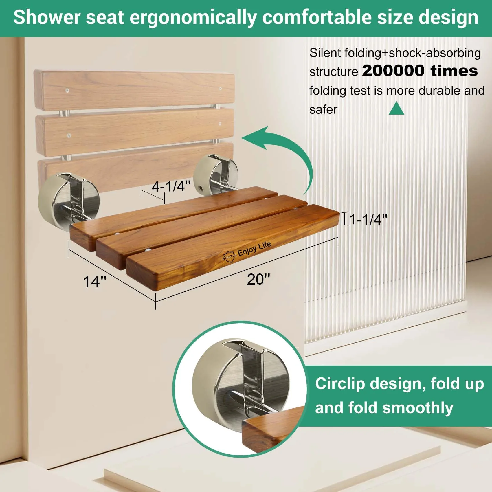20 Inchs Teak Folding Shower Seat Wall Mounted, Fold Down Shower Seat for Inside Shower, Home Care Folding Shower Seat, Wall Mounted Shower Bench with 400 Lb. (Wood) - Image 7