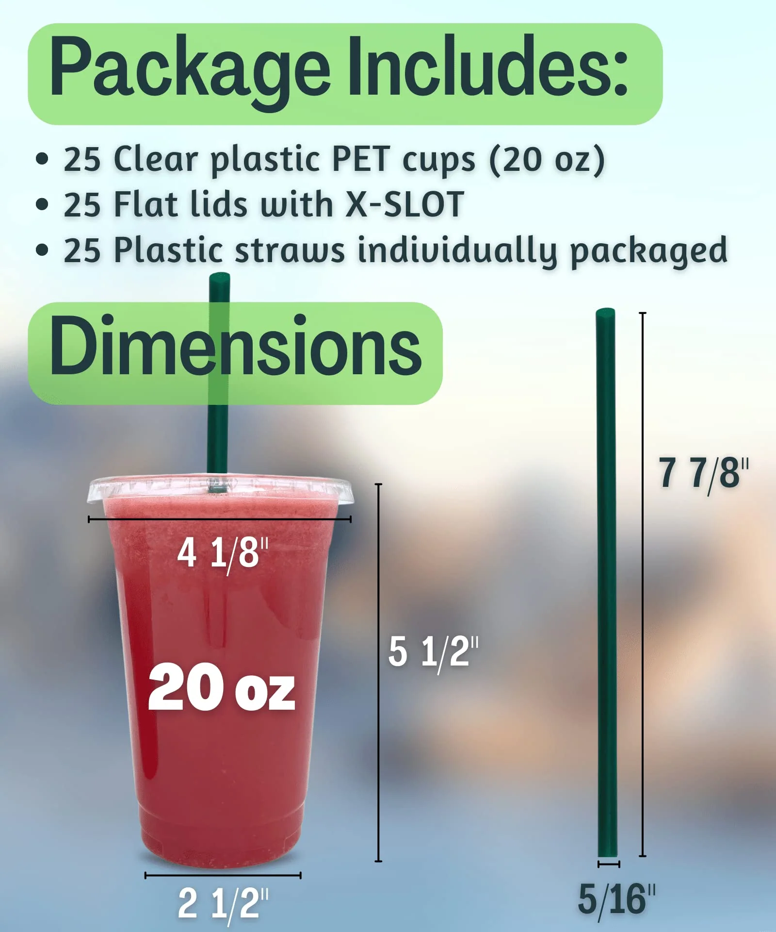 20 oz Clear Plastic Cups with Lids and STRAWS, Disposable Drinking Cups for Cold Drinks, Iced Coffee, Milkshakes, Smoothies, 25 Sets - Image 3