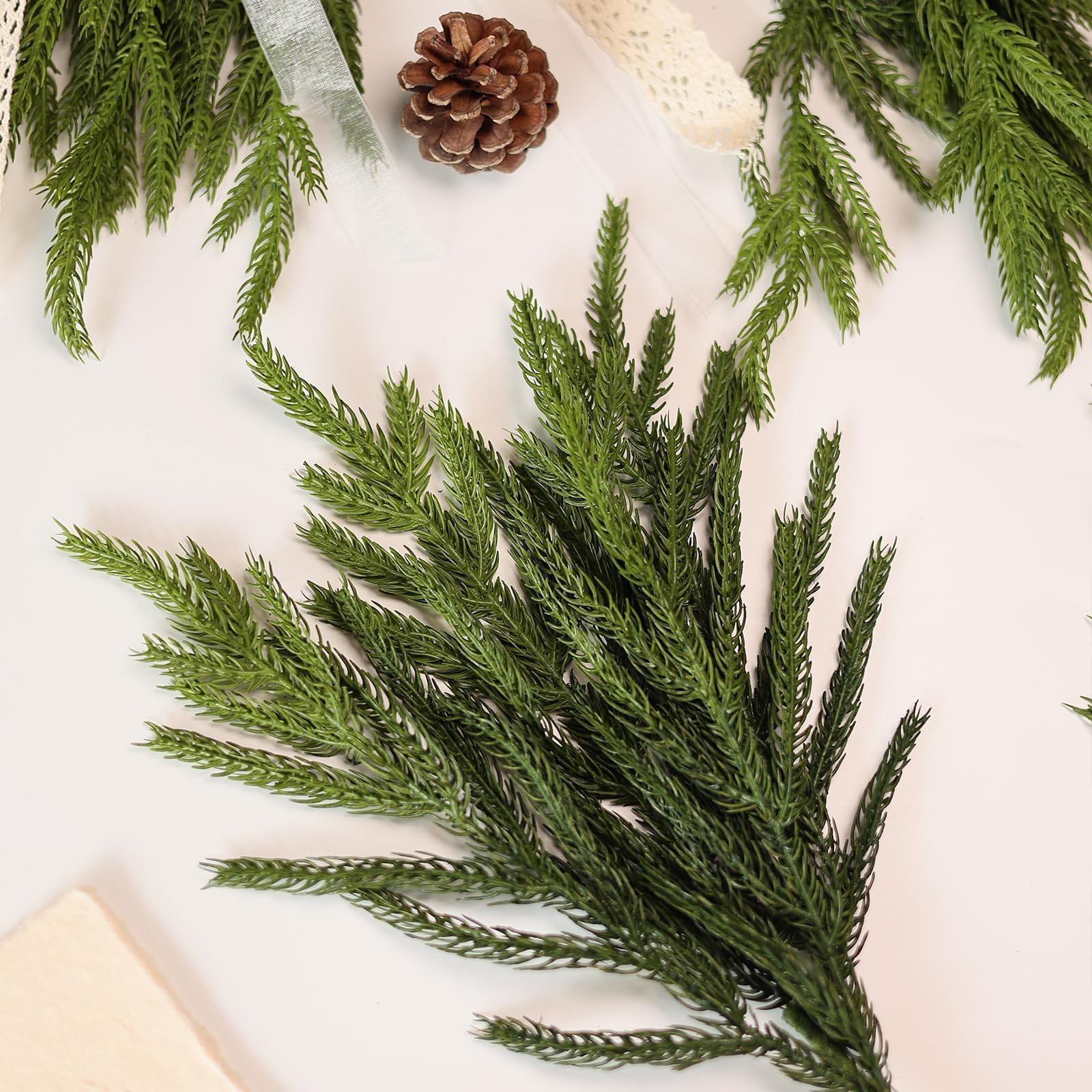 20 Pcs Christmas Norfolk Pine Branches -18" Real Touch Artificial Norfolk Pine Branch Faux Plants Stem Fake Greenery Pine Picks for Vase DIY Crafts Garland Wreath Home Indoor Outdoor Decoration - Image 4