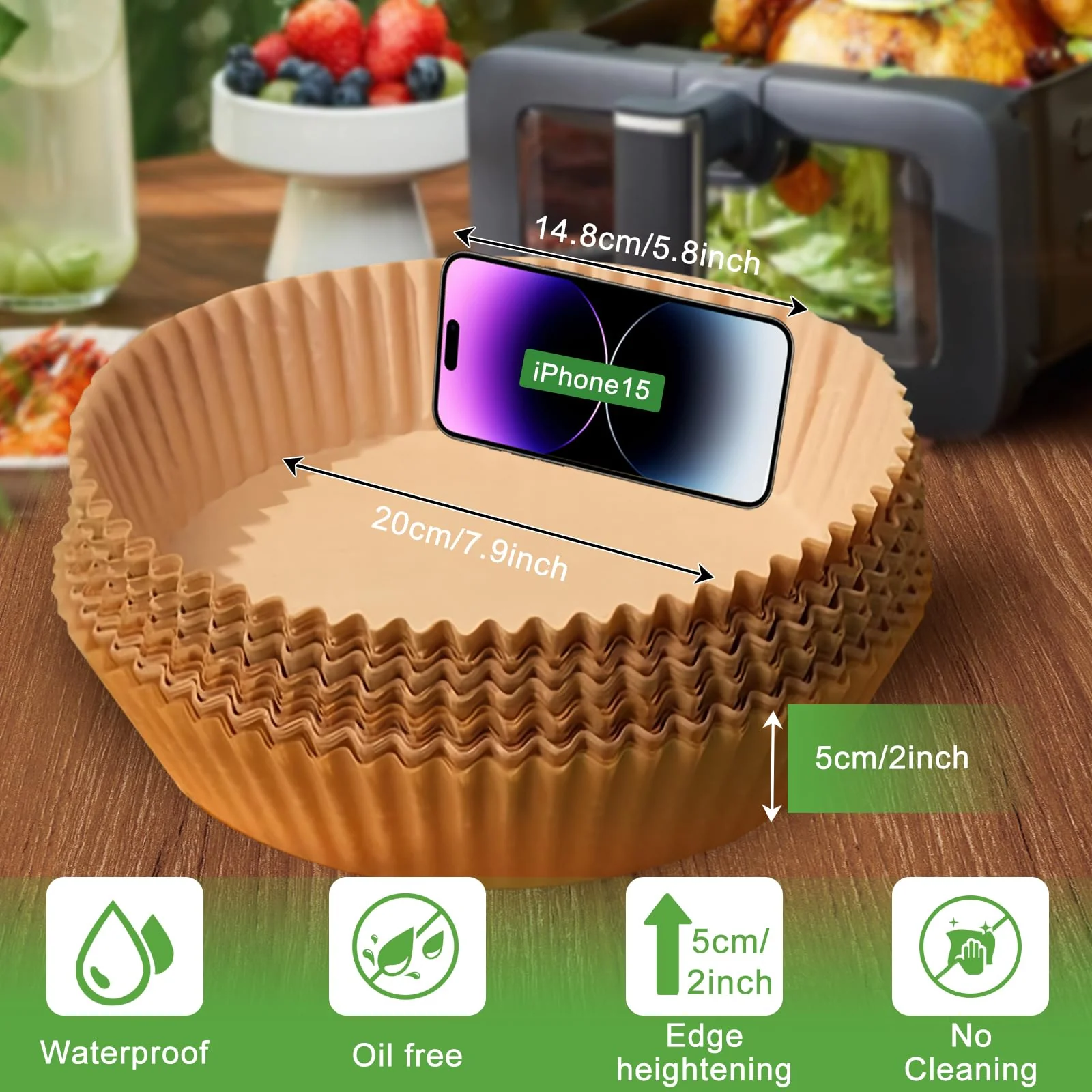 200PCS Air Fryer Liners Disposable: Round 7.9 Inch Non-Stick Airfryer Paper Liners - Food Grade Parchment Paper for 5 6 7 8 QT Air Fryer Baking and Roasting - Waterproof and OilProof (10 Inch on Top) - Image 7