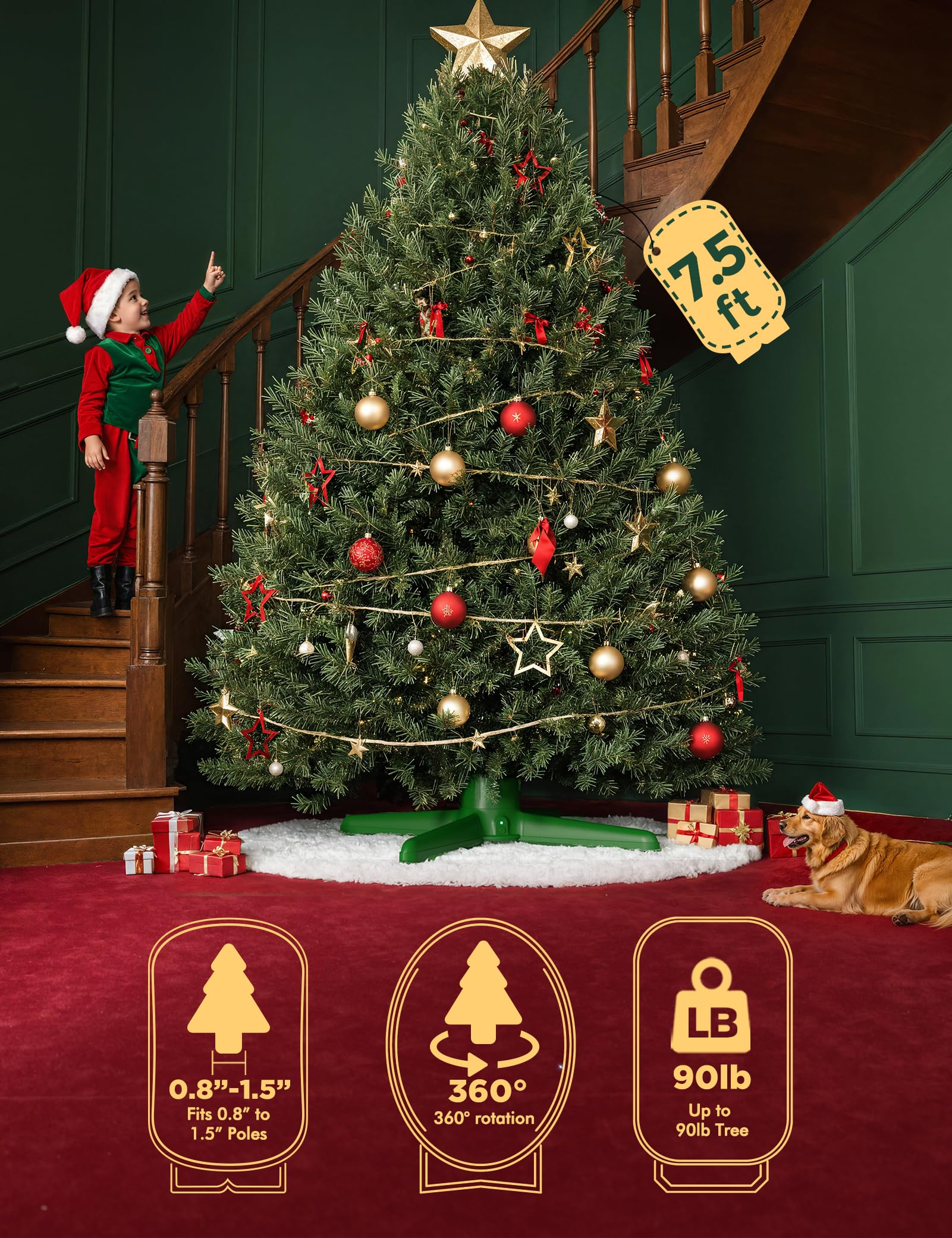 2025 Upgrade Rotating Christmas Tree Stand, UL Certified Adjustable Tree Stands with Remote Control for Up to 7.5ft 90lb Artificial Tree, Durable 3 Light Outputs with Up to 625 Watts of Power - Image 4