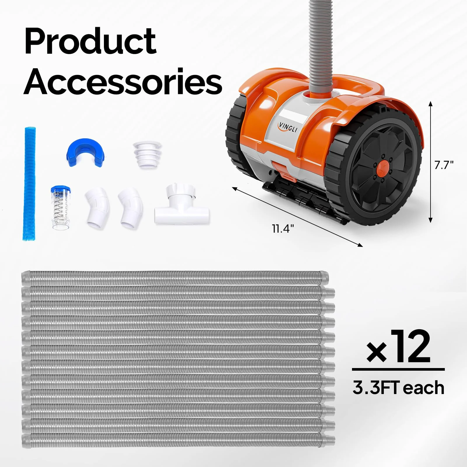 (2025 Upgrade) VINGLI Automatic Suction-Side Pool Vacuum Cleaner, Powerful Wall-Climbing Sweeper for Inground Pools, Includes 39.6ft Tangle-Free Hose (Orange&Gray) - Image 4
