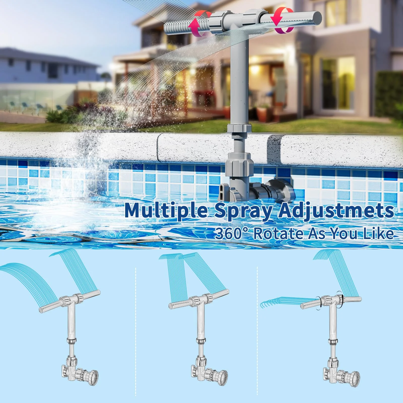 2026 Dual Spray Pool Fountain, 2-in-1 Retractable Height 360° Adjustable Waterfall Sprinkler Fountain, High-Pressure Pool Spray Fountain for Swimming Pool Spa Cooling, Grey - Image 7
