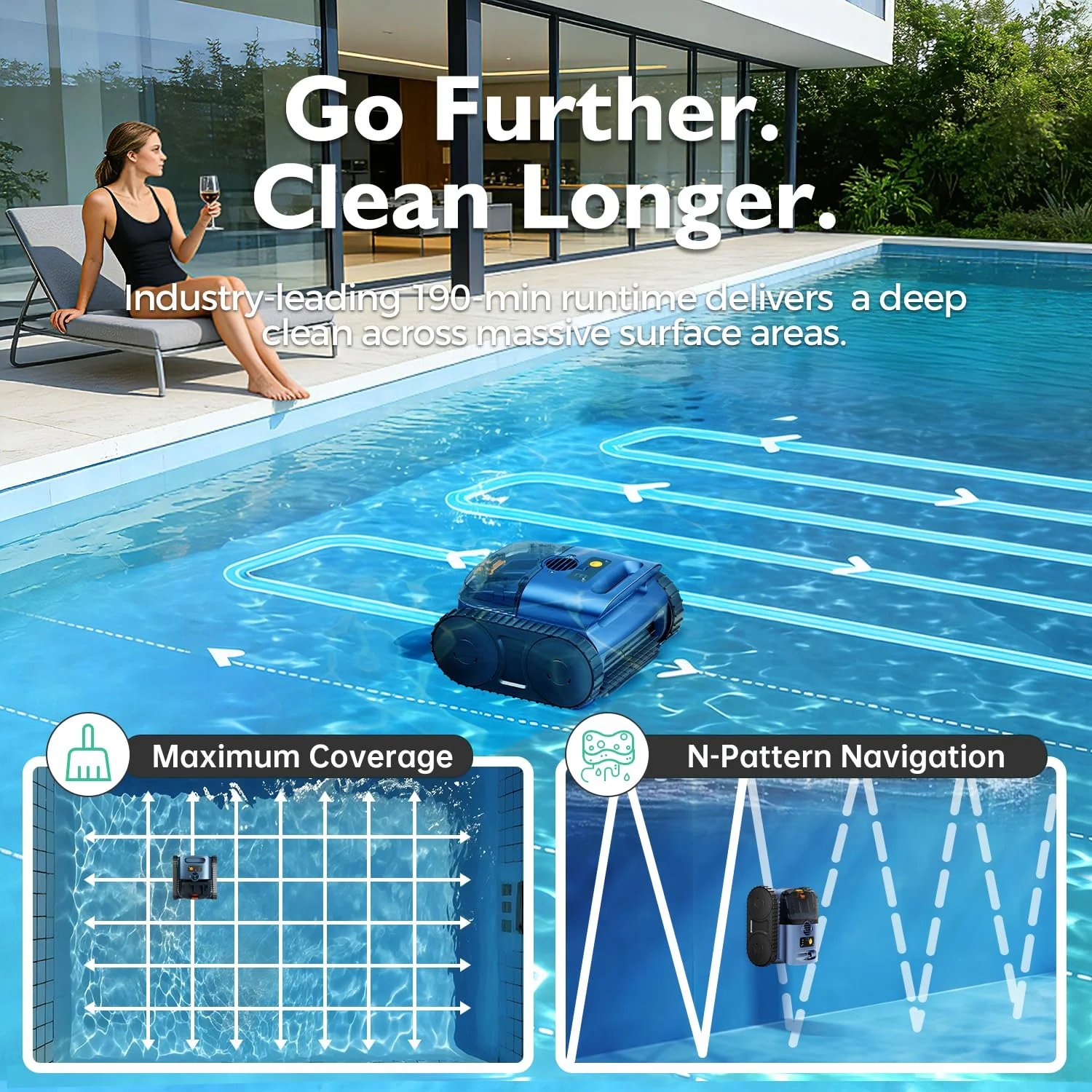 [2026 Release] Automatic Robotic Pool Vacuum for Inground & Above Ground Pools, Wall Climbing Pool Vacuum Cleaner, Cleans Floor, Walls, Waterline, Drain & Skimmer up to 2150 Sq. Ft., 190 Min - Image 7