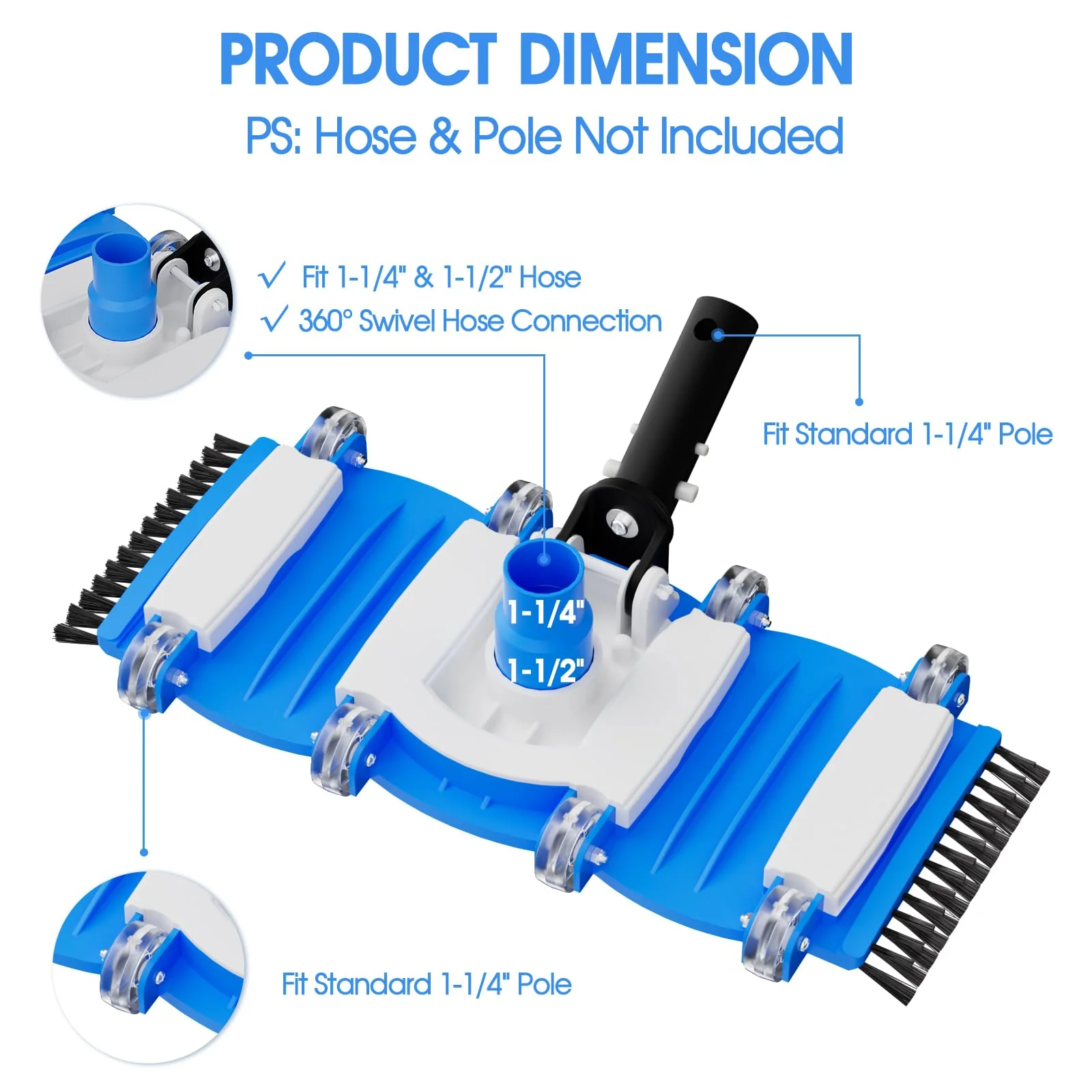 2026 TidyMister Pool Vacuum Head with Swivel Handle - 16in Eazy-to-Use Daily Cleaning Vacuum Head with Side Brushes and Wheels and Hose Connect for 1-1/4in or 1-1/2in for Inground & Above Ground Pools - Image 4