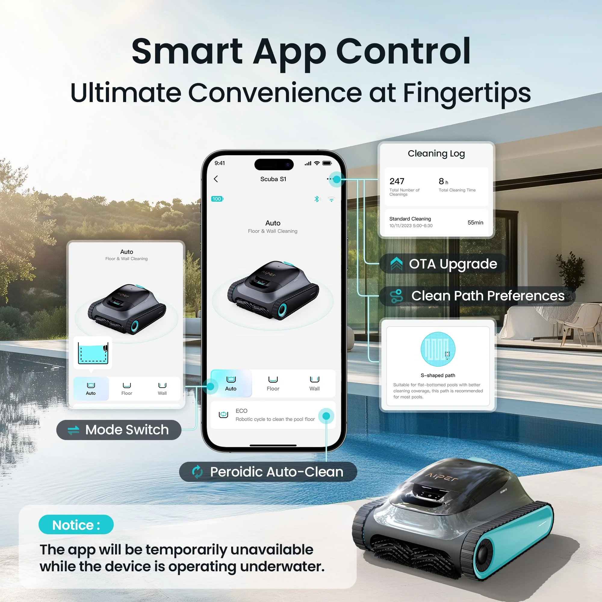 (2026 Upgrade) Aiper Scuba S1 Robotic Pool Cleaner, Wall & Waterline Cleaning, Double Filtration, Extended 180-Min Battery Life, Smart Navigation, App Support, OTA Upgrade - Image 3