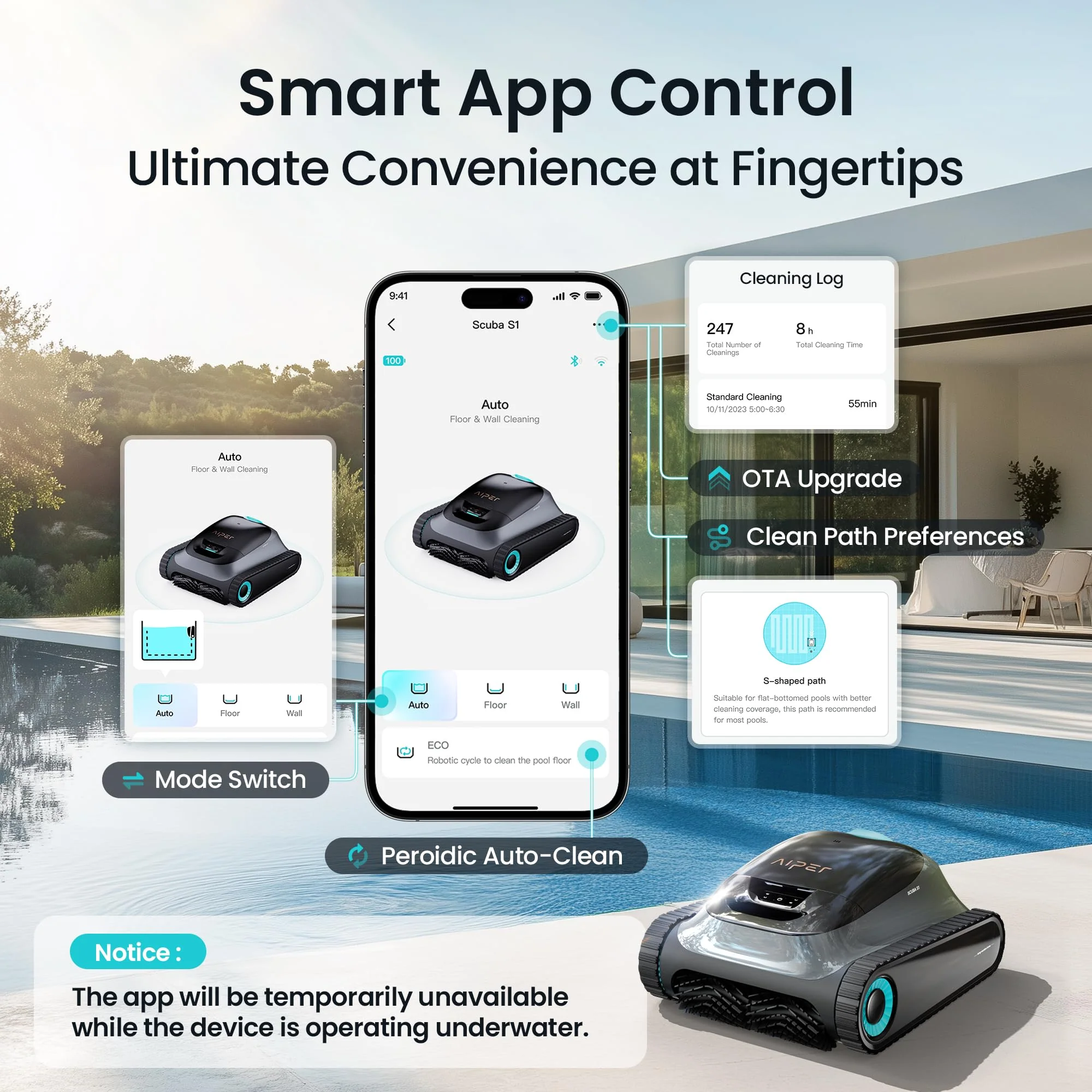 (2026 Upgrade) Aiper Scuba S1 Robotic Pool Cleaner, Wall & Waterline Cleaning, Dual Filtration, Extended 240-Min Battery Life, Smarter Navigation with High-Precision Sensors, App Support, OTA Upgrade - Image 3