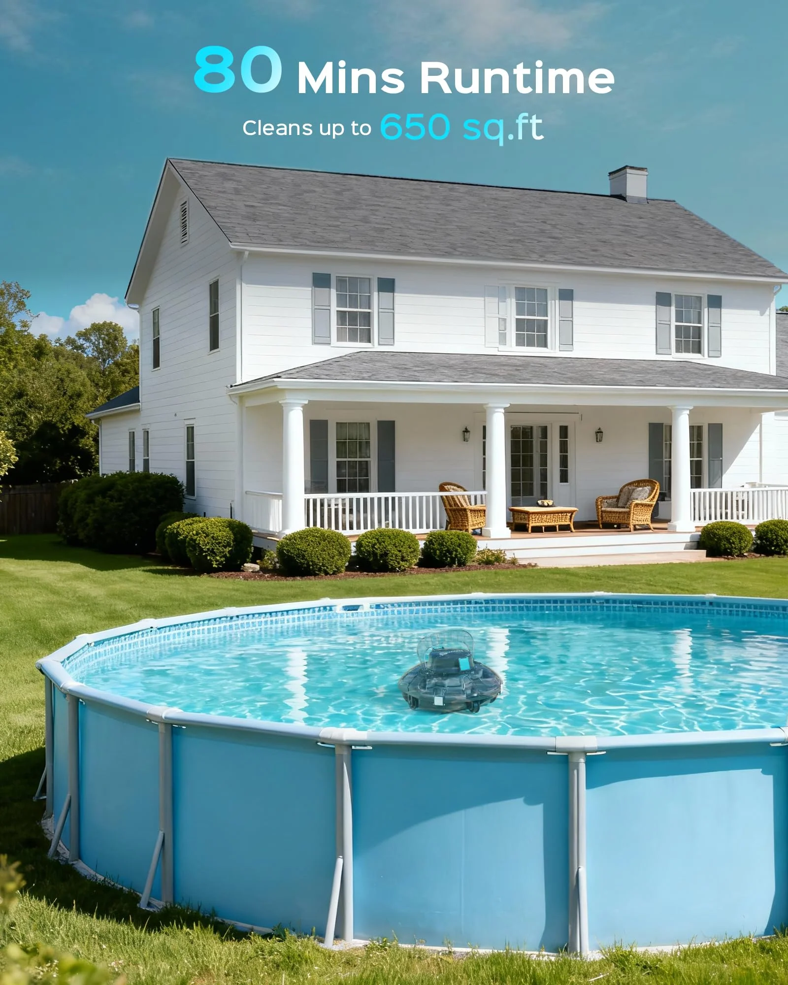 (2026 Upgrade) Cordless Robotic Pool Cleaner, Lasts 80 Min, Automatic Vacuum for Above-Ground Pools up to 650 Sq.ft,Portable, Self-Parking(Black Blue) - Image 2