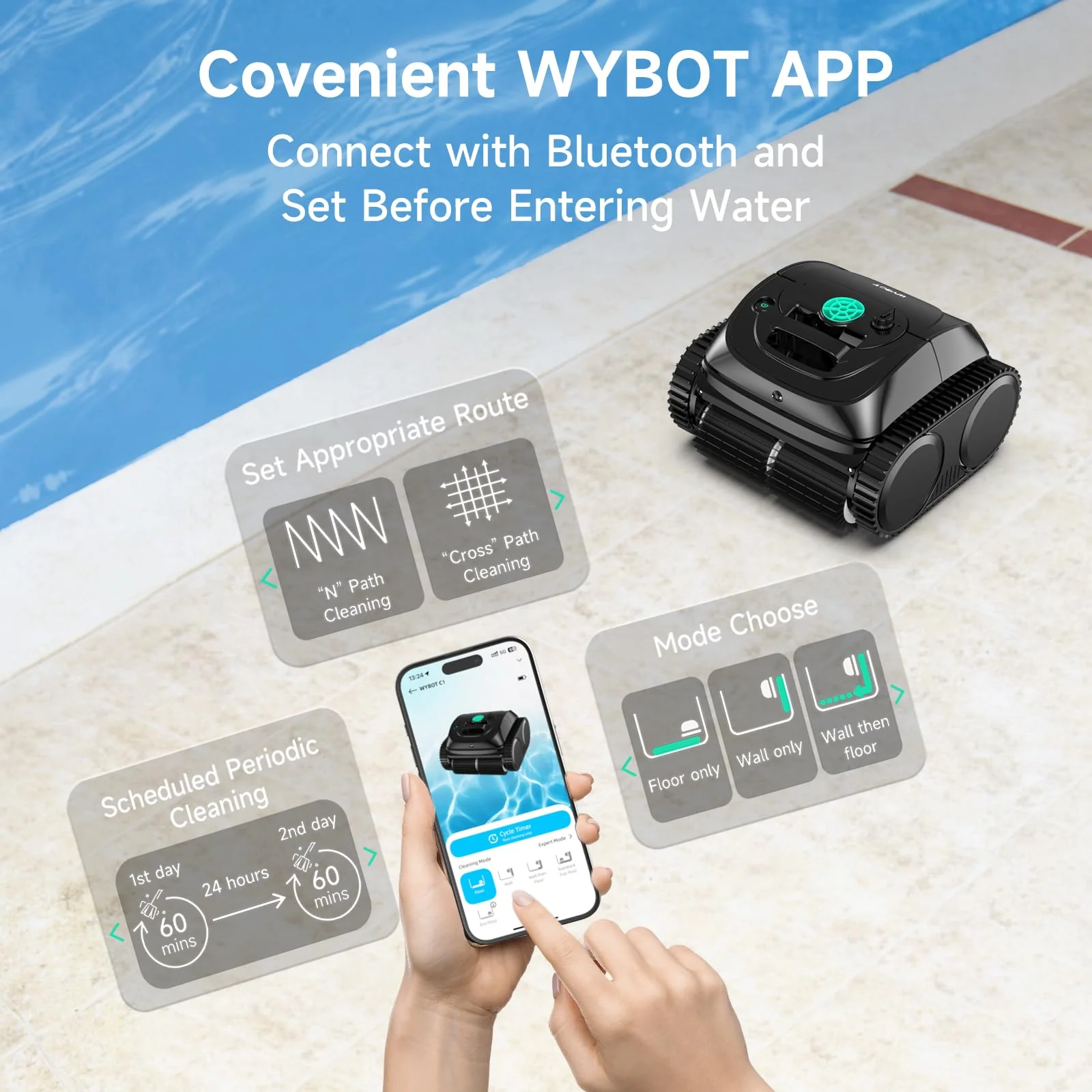 (2026 Upgrade) WYBOT C1 Cordless Robotic Pool Vacuum for Inground Pools, Above Ground Pool Cleaner 4-in-1 Wall & Waterline Cleaning Up to 1,614sq.ft, 150mins Smart Navigation, App Support - Image 3
