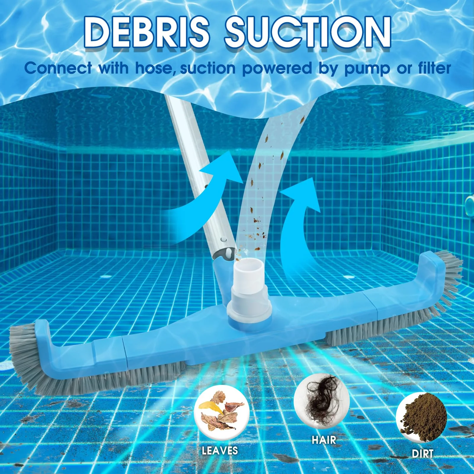 (2026 Upgraded) 20" 2 in 1 Pool Brush Vacuum Head with Swivel Hose Connection & Sturdy Nylon Bristles for Heavy Duty Inground & Above- Ground Pool Cleaning - Connecting 1-1/4" or 1-1/2" Hose (No Pole) - Image 5