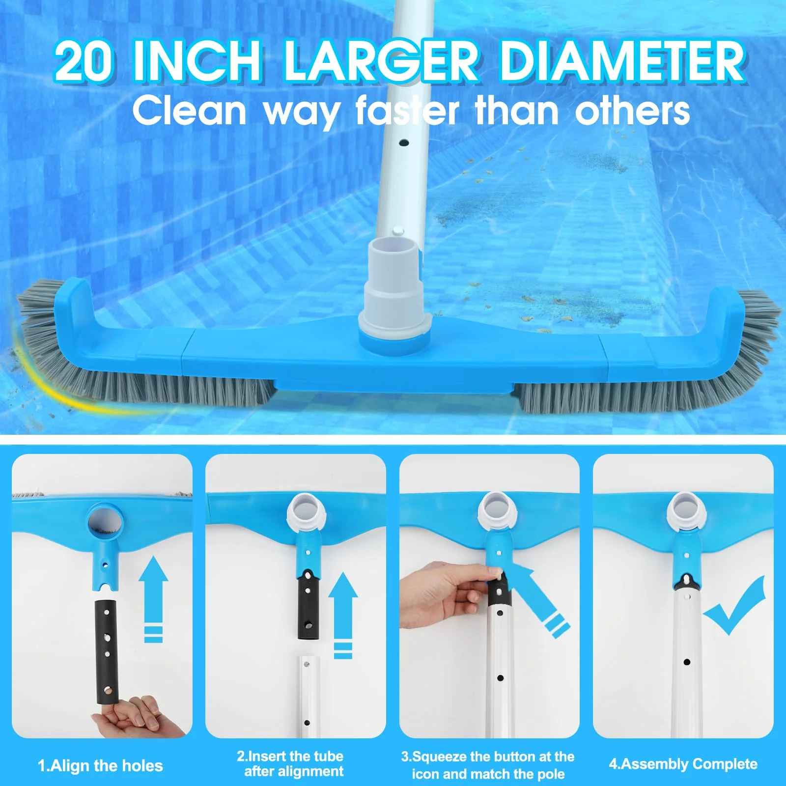 (2026 Upgraded) 20" 2 in 1 Pool Brush Vacuum Head with Swivel Hose Connection & Sturdy Nylon Bristles for Heavy Duty Inground & Above- Ground Pool Cleaning - Connecting 1-1/4" or 1-1/2" Hose (No Pole) - Image 6