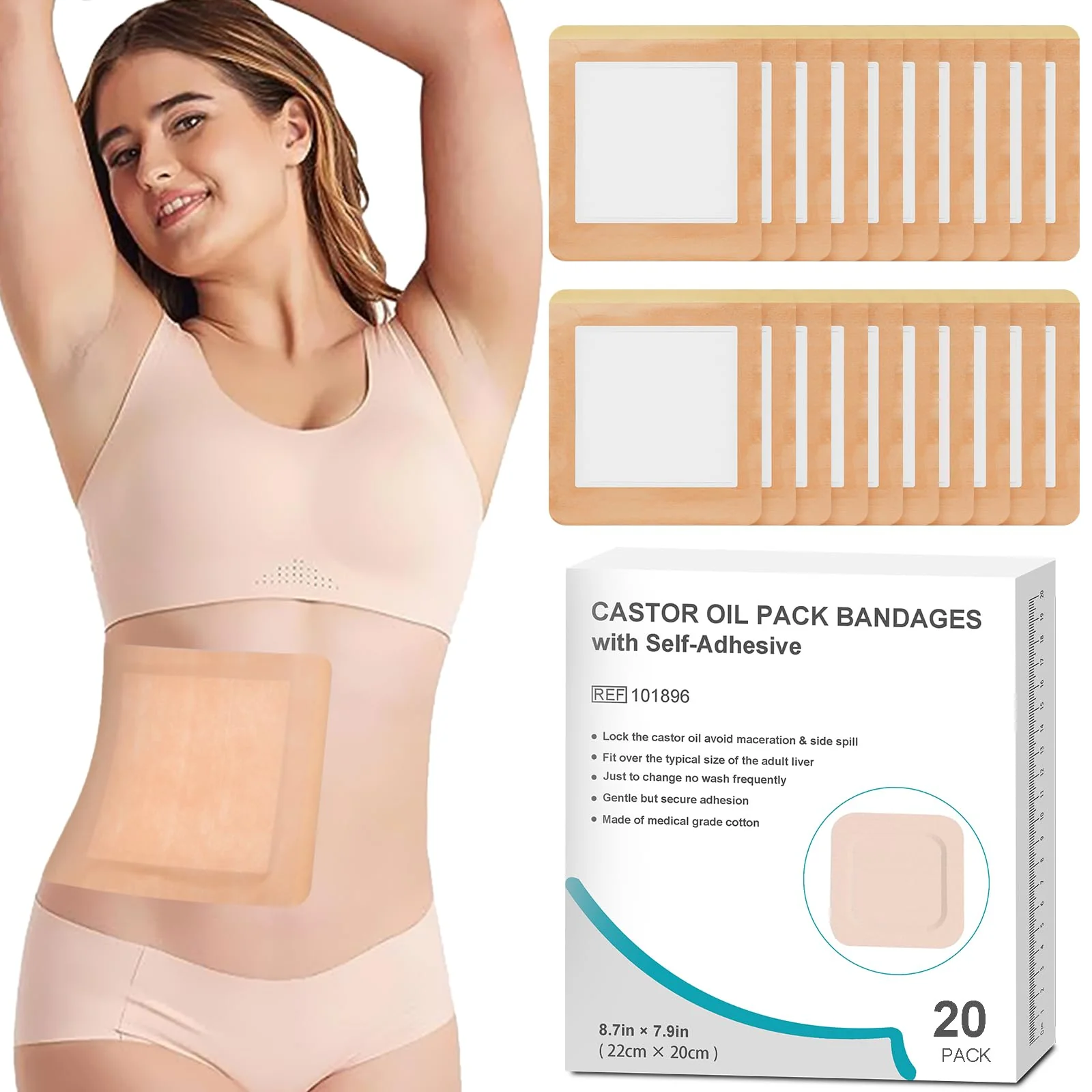 20Pcs Castor Oil Pack Wrap, Castor Oil Packs for Liver Detox, Highly Absorbent 8.7"*7.9" Self-Adhesive Castor Oil Wrap Organic Cotton, No Wash, Easy to Use, Anti-Seepage(Oil Not Included)