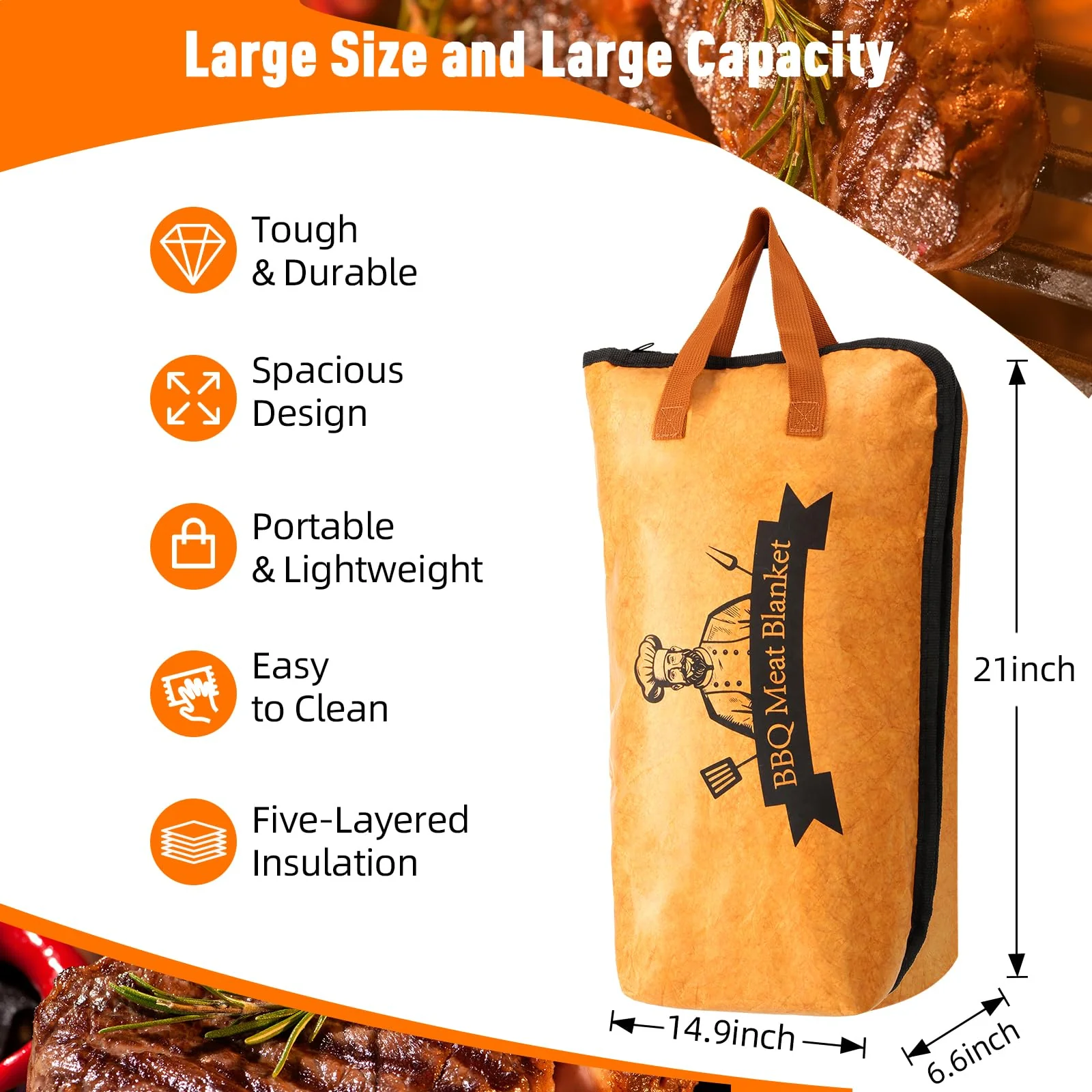 21in BBQ Blanket for Resting Meat - Smoking Meat Insulated Bag for Brisket/Beef/Pork Shoulder/Turkey - Christmas Gifts Stocking Stuffers - Birthday Anniversary Smoker Accessories Gift for Men Him Dad - Image 3