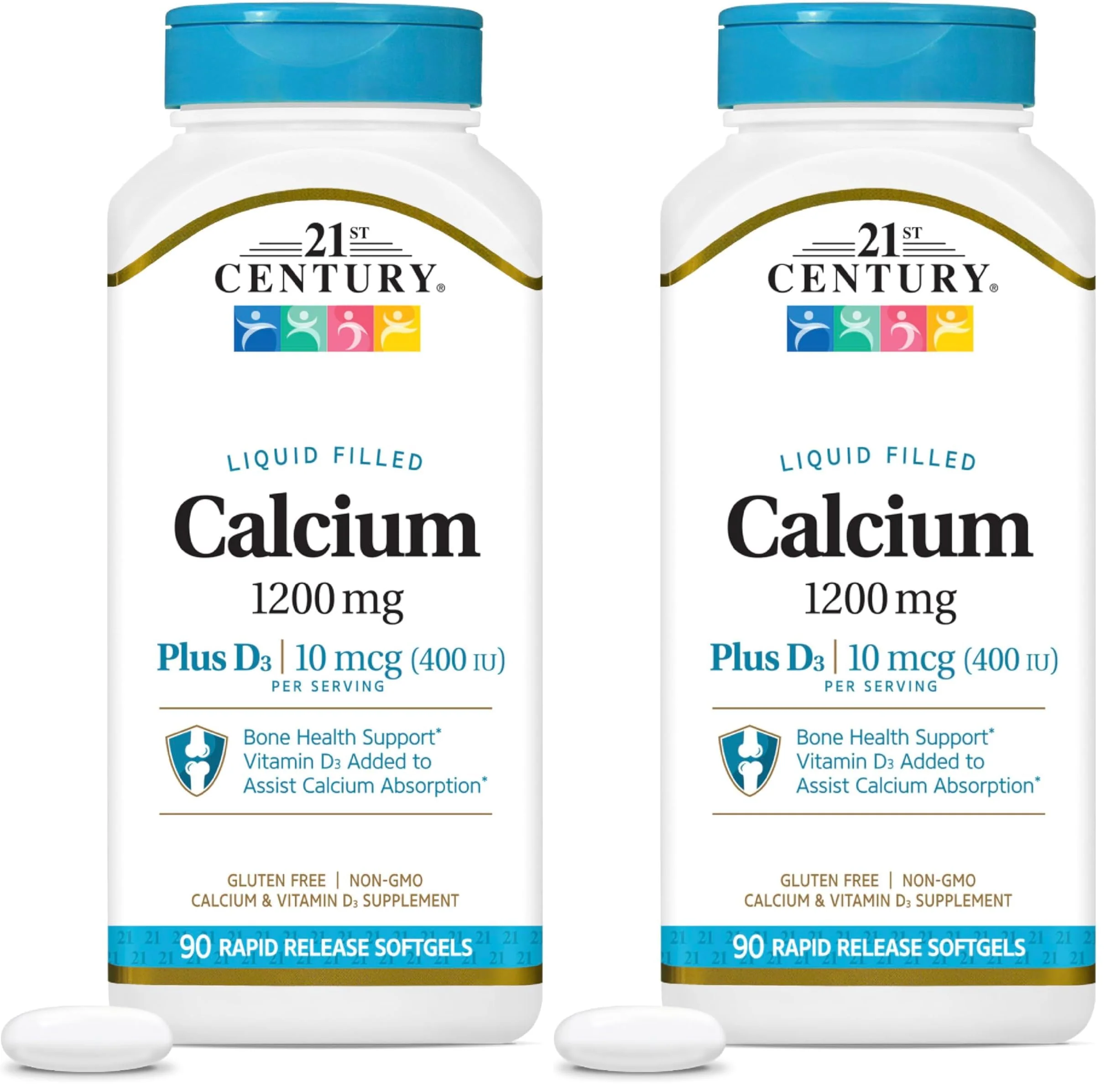 21st Century Calcium Plus D3 Liquid Filled Softgel, 1200 mg, 90 Count (Pack of 2)