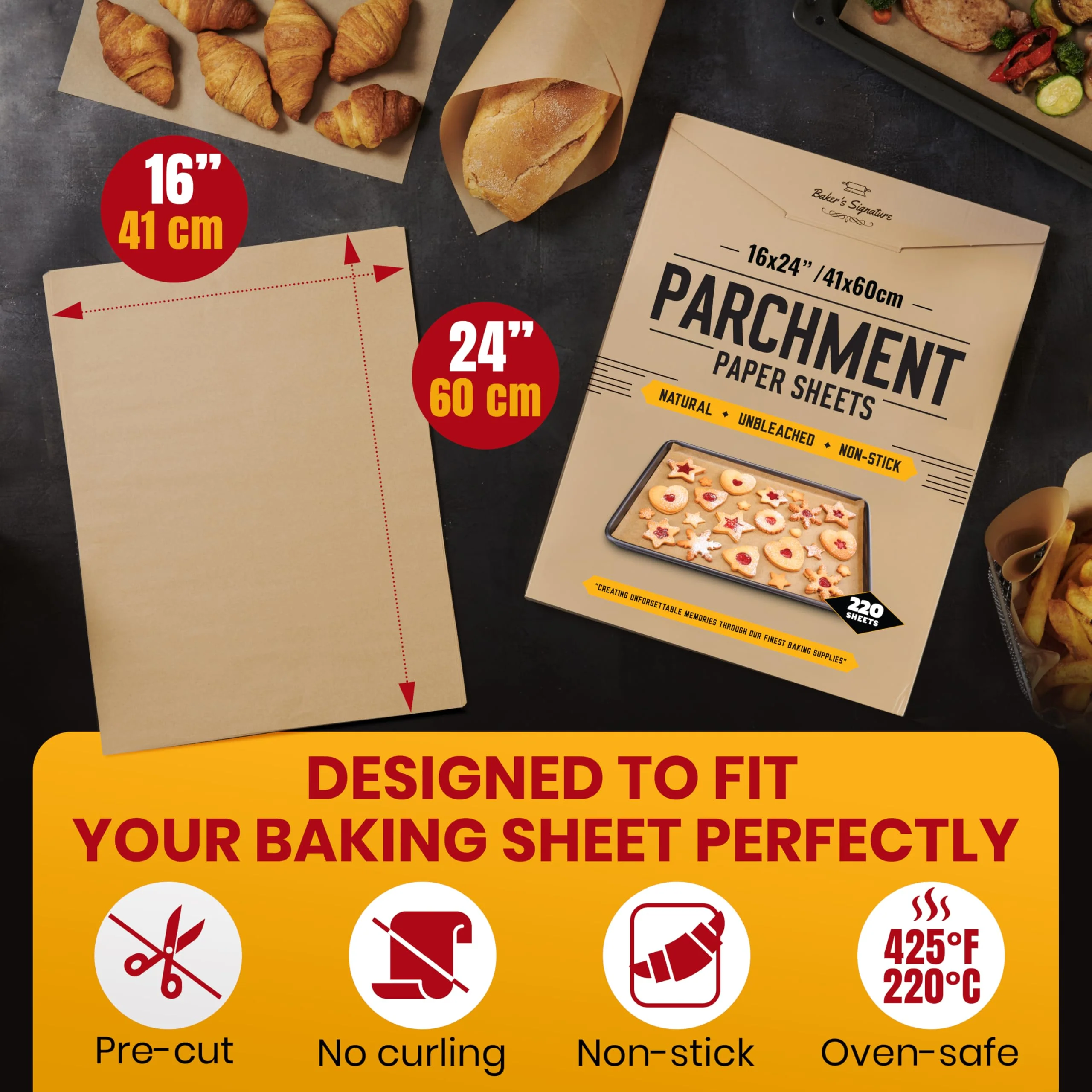 [220 Sheets] Full Sheet Pan 16 x 24 Inch Parchment Paper Baking Sheets by Baker’s Signature | Precut Silicone Coated & Unbleached – Will Not Curl or Burn – Non-Toxic & Comes in Convenient Packaging - Image 6