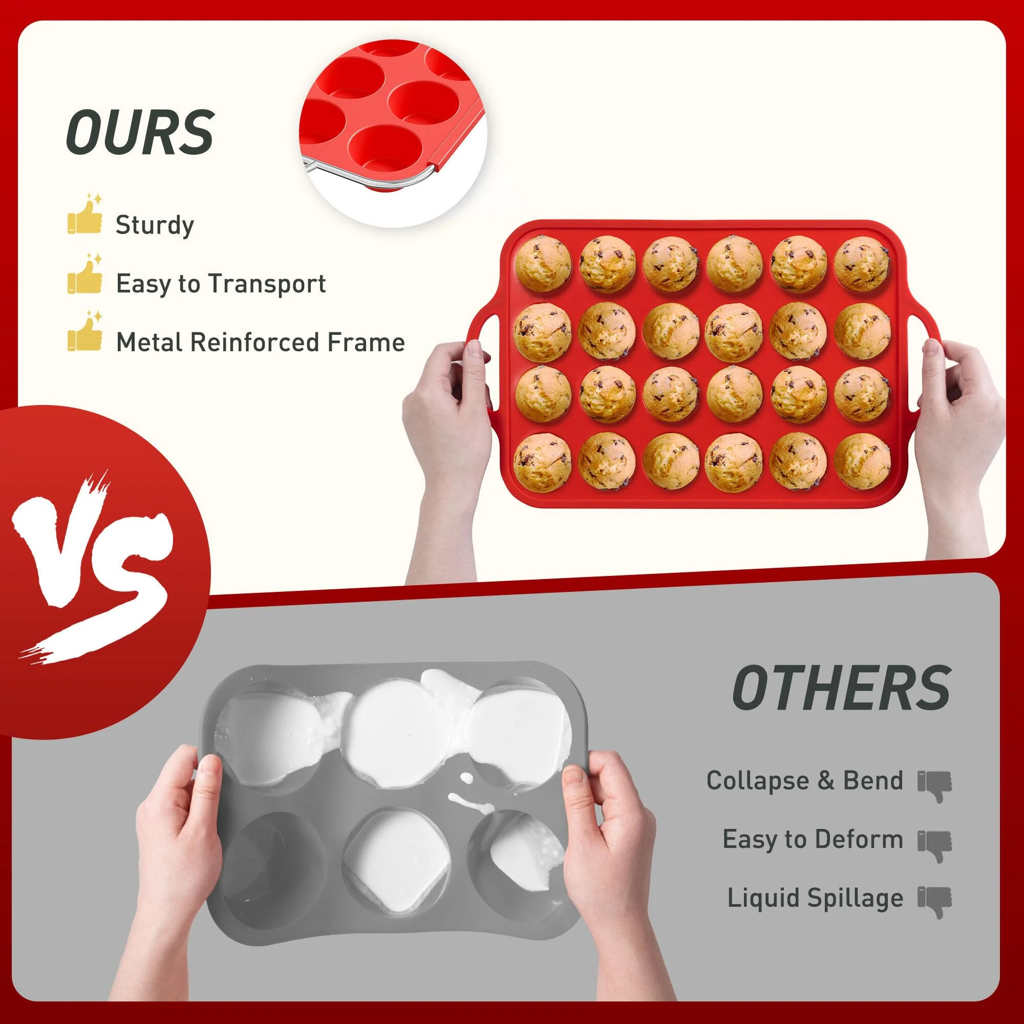 24 Cups Silicone Muffin Pan with Metal Reinforced Frame Mini Size Cupcake Pan Tray Egg Bites Silicone Circle Cookie Molds Muffin Tin Tart Pans Baking Sheet Set for Breakfast Sandwiches Round - Image 8