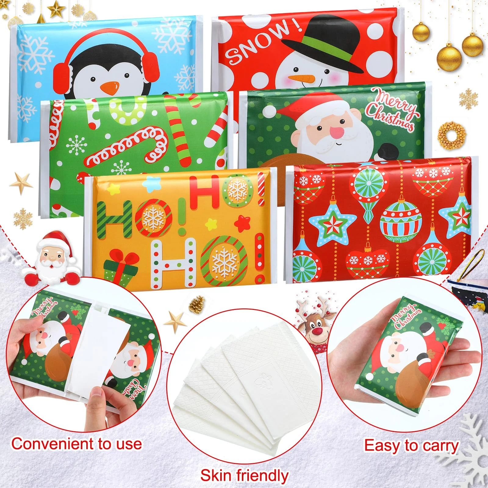 24 Packs Travel Size Tissue Pocket Slim Pack Facial 3 Ply Wallet Size Pocket Tissues for Travel Wedding Party Favors, 6 Styles(Snowman) - Image 6
