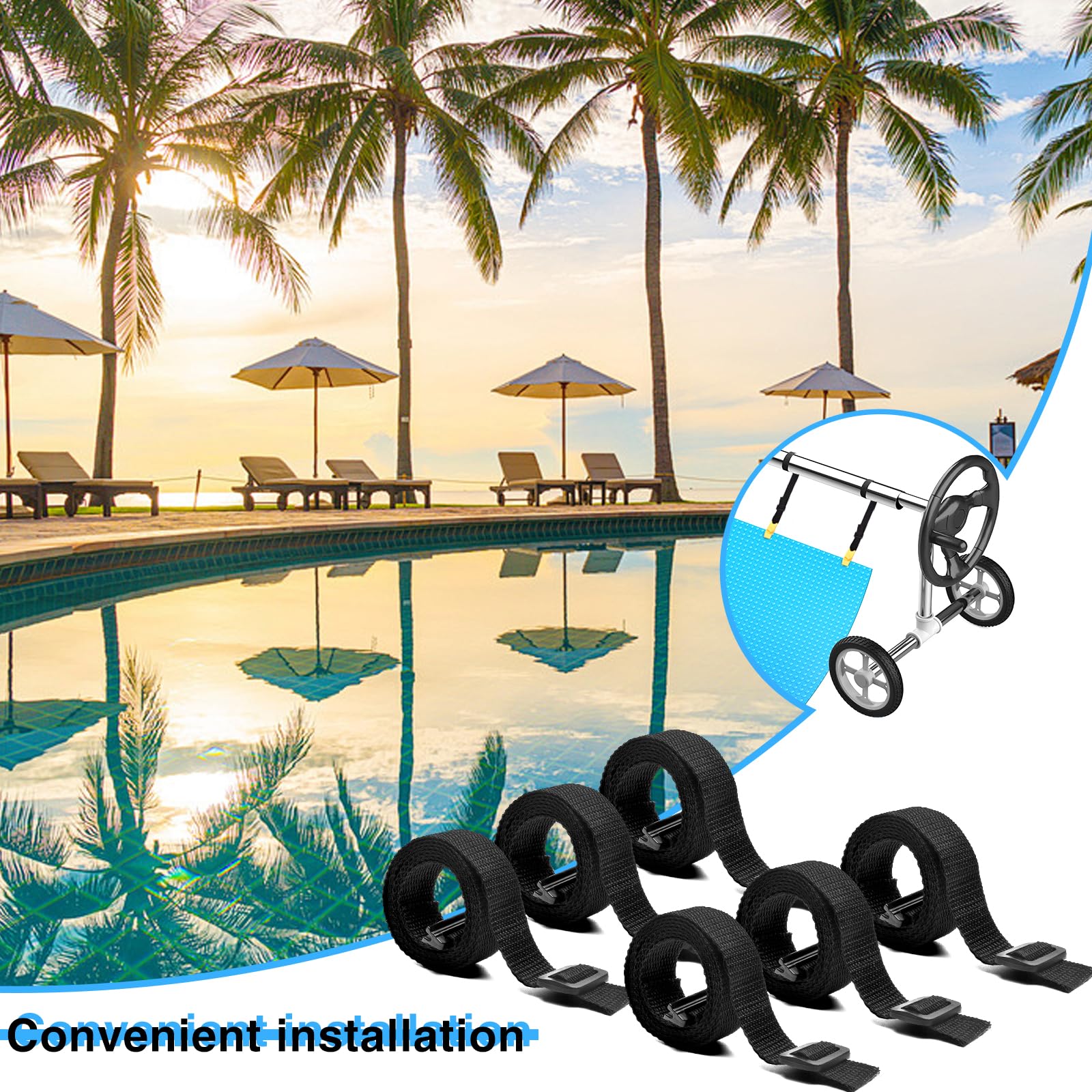 24 Pcs Pool Solar Cover Reel Attachment Kit, Solar Cover Reel Blanket Straps and Clips for Universal Inground Swimming Pool (Yellow, Straps) - Image 4