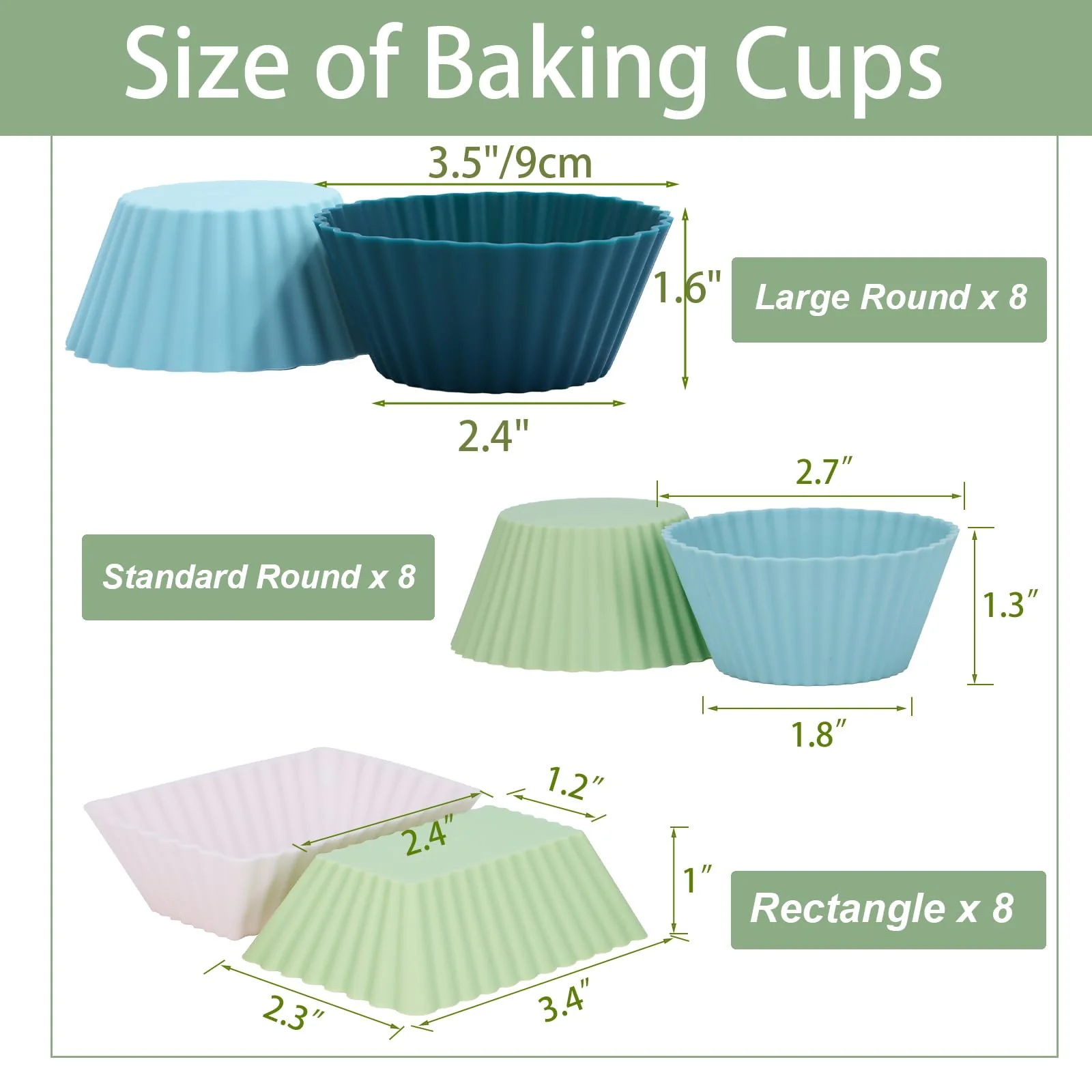 24Pack Silicone Muffin Cups, Reusable Cupcake Liners Molds for Baking, 3 Shapes Lunch Box Bento Dividers-Round, Square, and Rectangular (Neutral Colors, Large Size) - Image 2