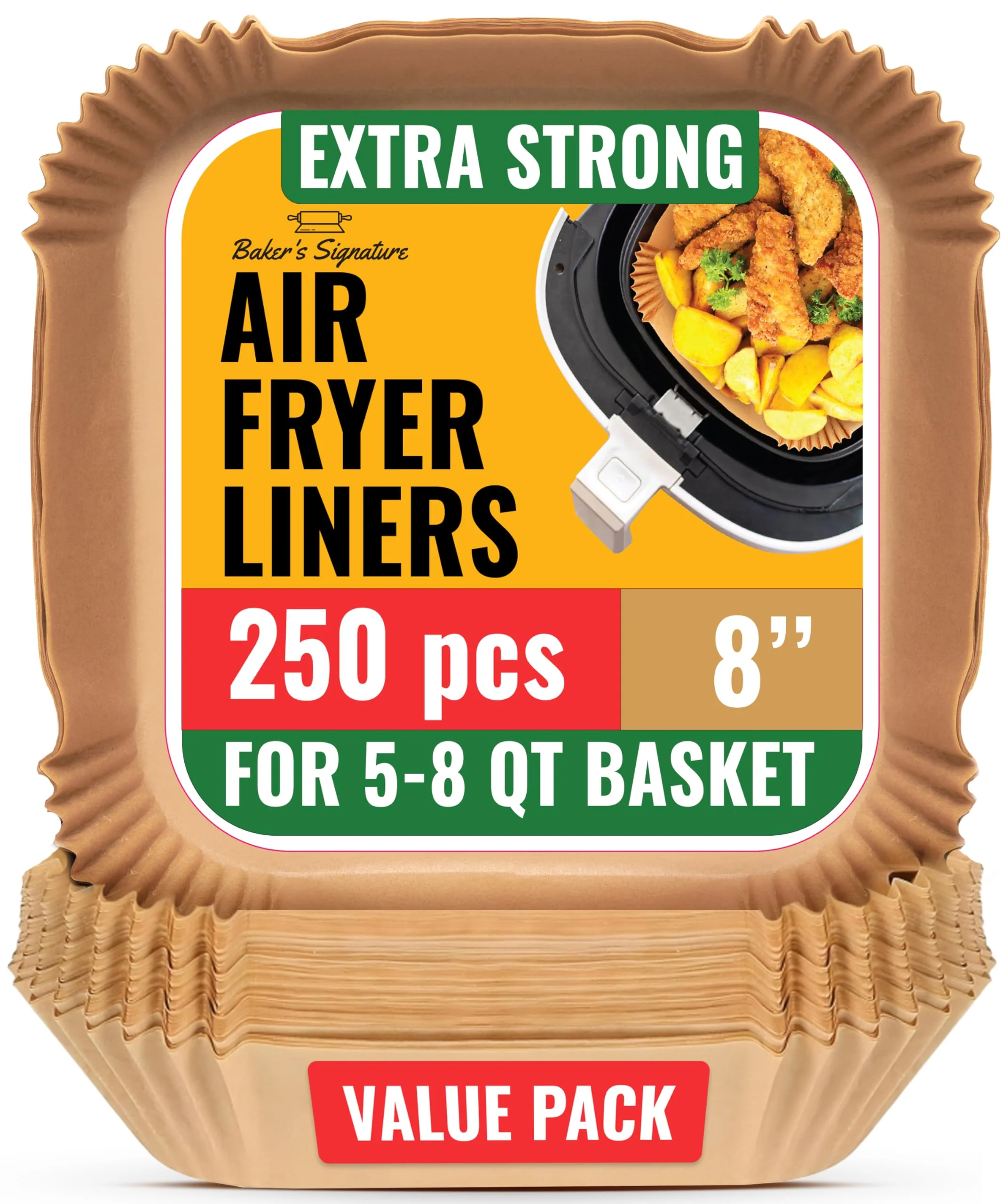 250 pcs Air Fryer Liners, Disposable Airfryer Paper Liners – Non-Stick and Oil Proof for Easy Cleanup, Great for Oven, Pans & Baking – 8” Square for 5-8 qt Basket by Baker's Signature