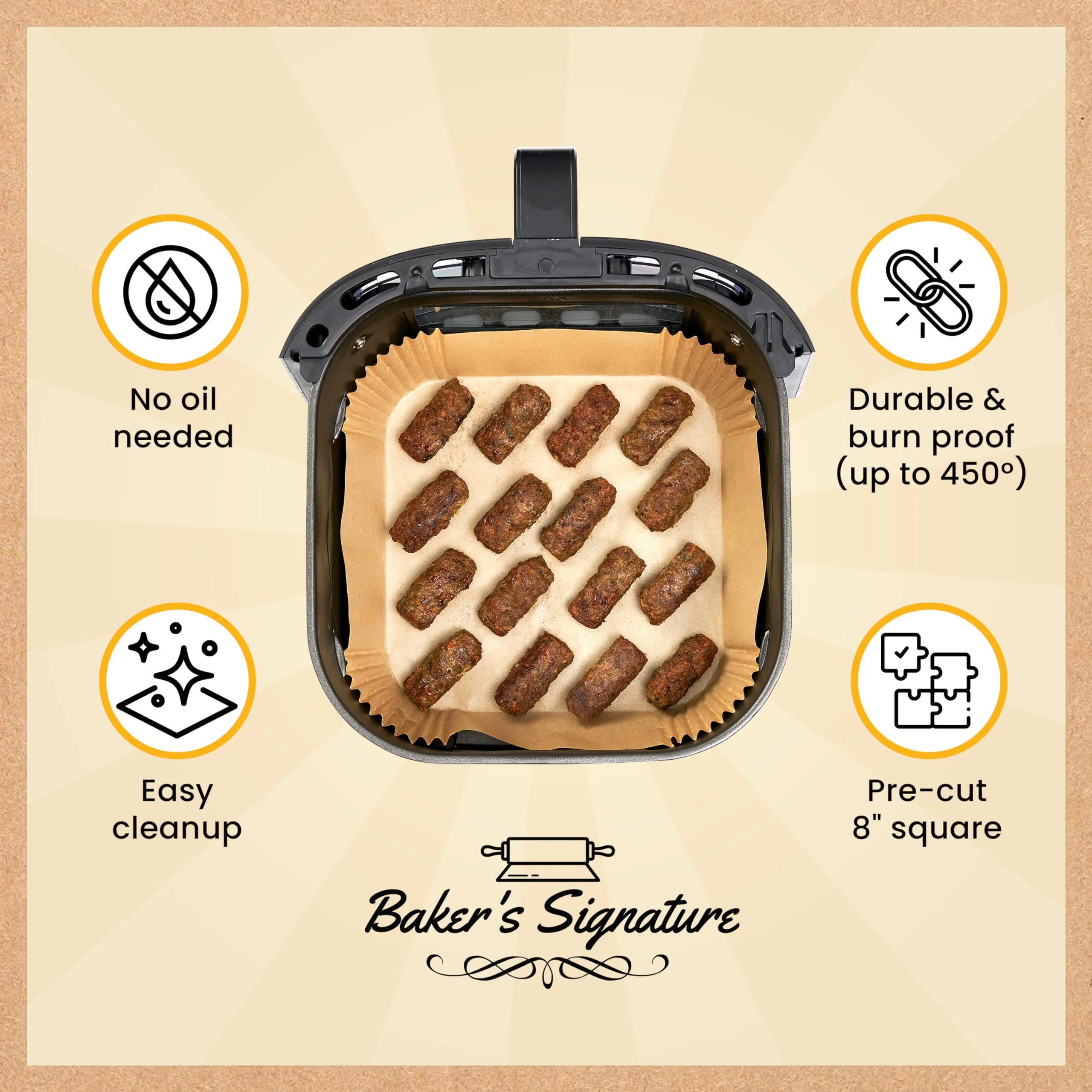 250 pcs Air Fryer Liners, Disposable Airfryer Paper Liners – Non-Stick and Oil Proof for Easy Cleanup, Great for Oven, Pans & Baking – 8” Square for 5-8 qt Basket by Baker's Signature - Image 6