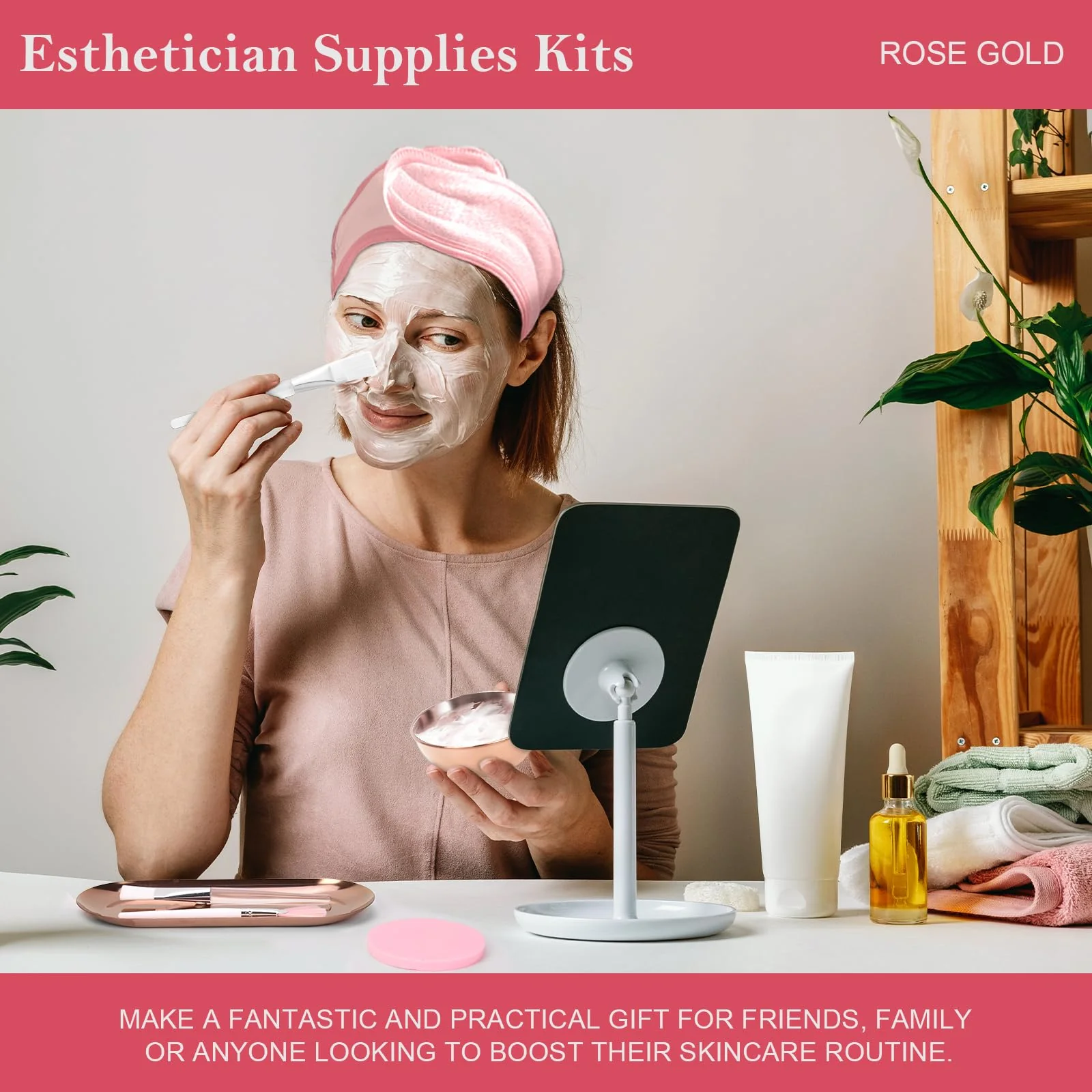26 Rose Gold Esthetician Supplies Kits 3 Facial Bowls Large Spa Bowls 3 Fan Brushes Makeup 3 Face Mask Brushes Salon Tray 3 Section Skincare Tray 12 Face Sponge Compressed 2 Spa Headbands for Women - Image 2