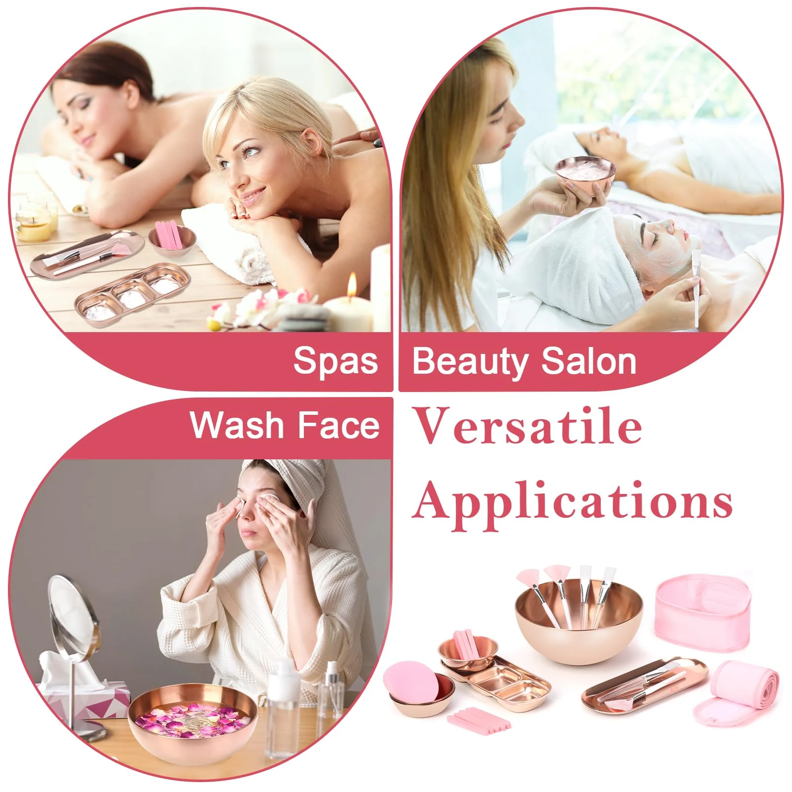 26 Rose Gold Esthetician Supplies Kits 3 Facial Bowls Large Spa Bowls 3 Fan Brushes Makeup 3 Face Mask Brushes Salon Tray 3 Section Skincare Tray 12 Face Sponge Compressed 2 Spa Headbands for Women - Image 5