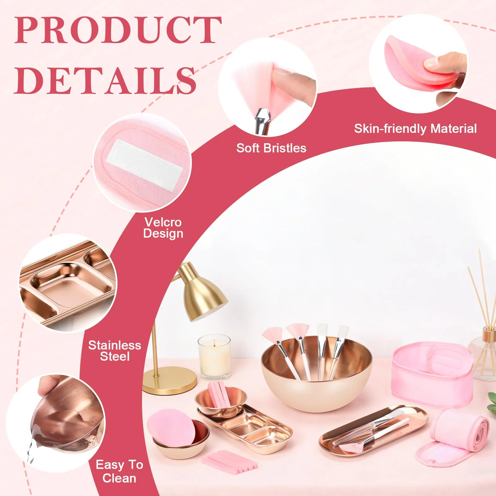 26 Rose Gold Esthetician Supplies Kits 3 Facial Bowls Large Spa Bowls 3 Fan Brushes Makeup 3 Face Mask Brushes Salon Tray 3 Section Skincare Tray 12 Face Sponge Compressed 2 Spa Headbands for Women - Image 6