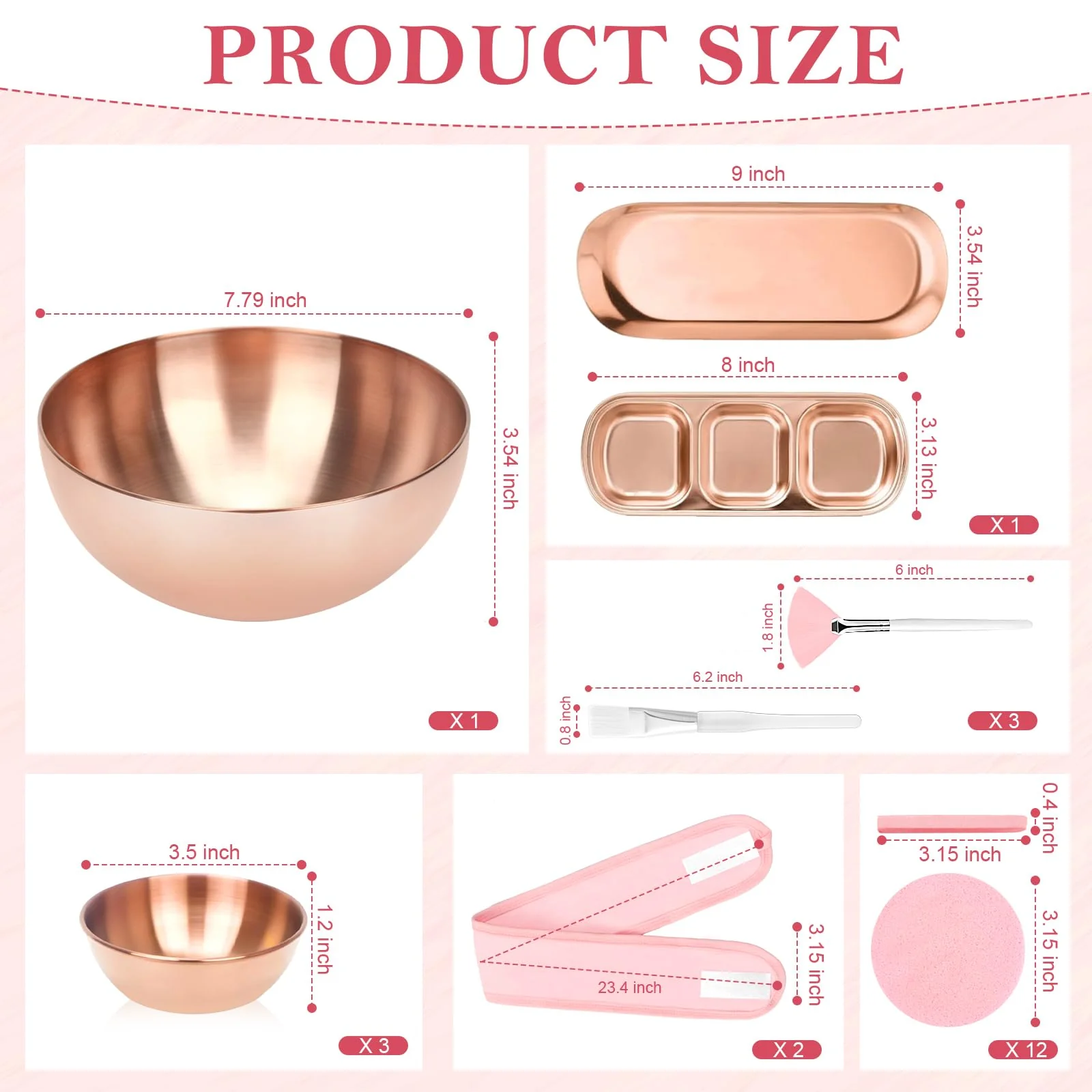 26 Rose Gold Esthetician Supplies Kits 3 Facial Bowls Large Spa Bowls 3 Fan Brushes Makeup 3 Face Mask Brushes Salon Tray 3 Section Skincare Tray 12 Face Sponge Compressed 2 Spa Headbands for Women - Image 7