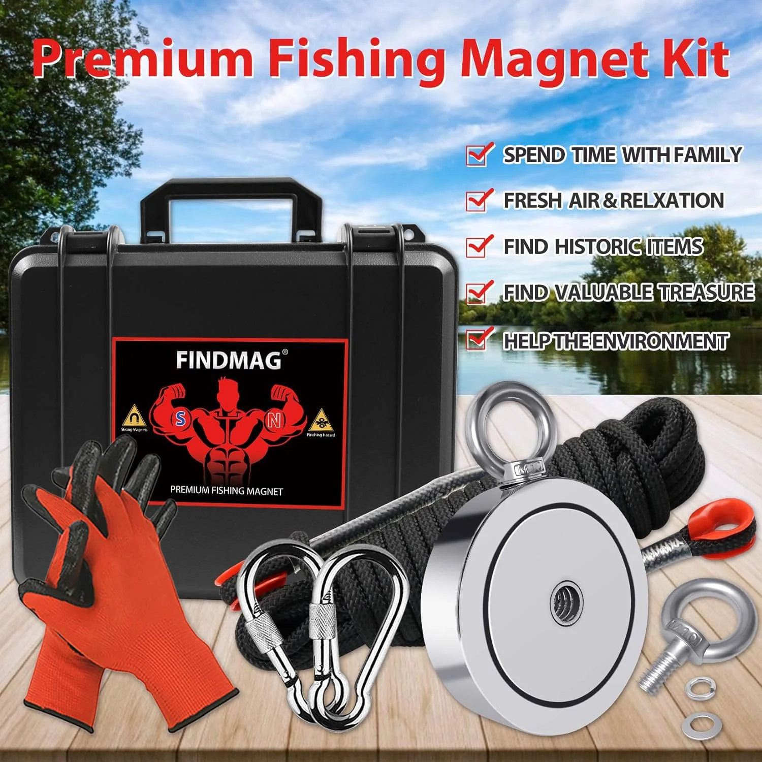 2625 lbs Fish Magnets Kit, Double Sided Magnet Fishing Kit with Rope, Super Strong Fishing Magnet for Retrieving Items in River, Lake, Beach, Lawn, 4.57" Diameter - Image 3