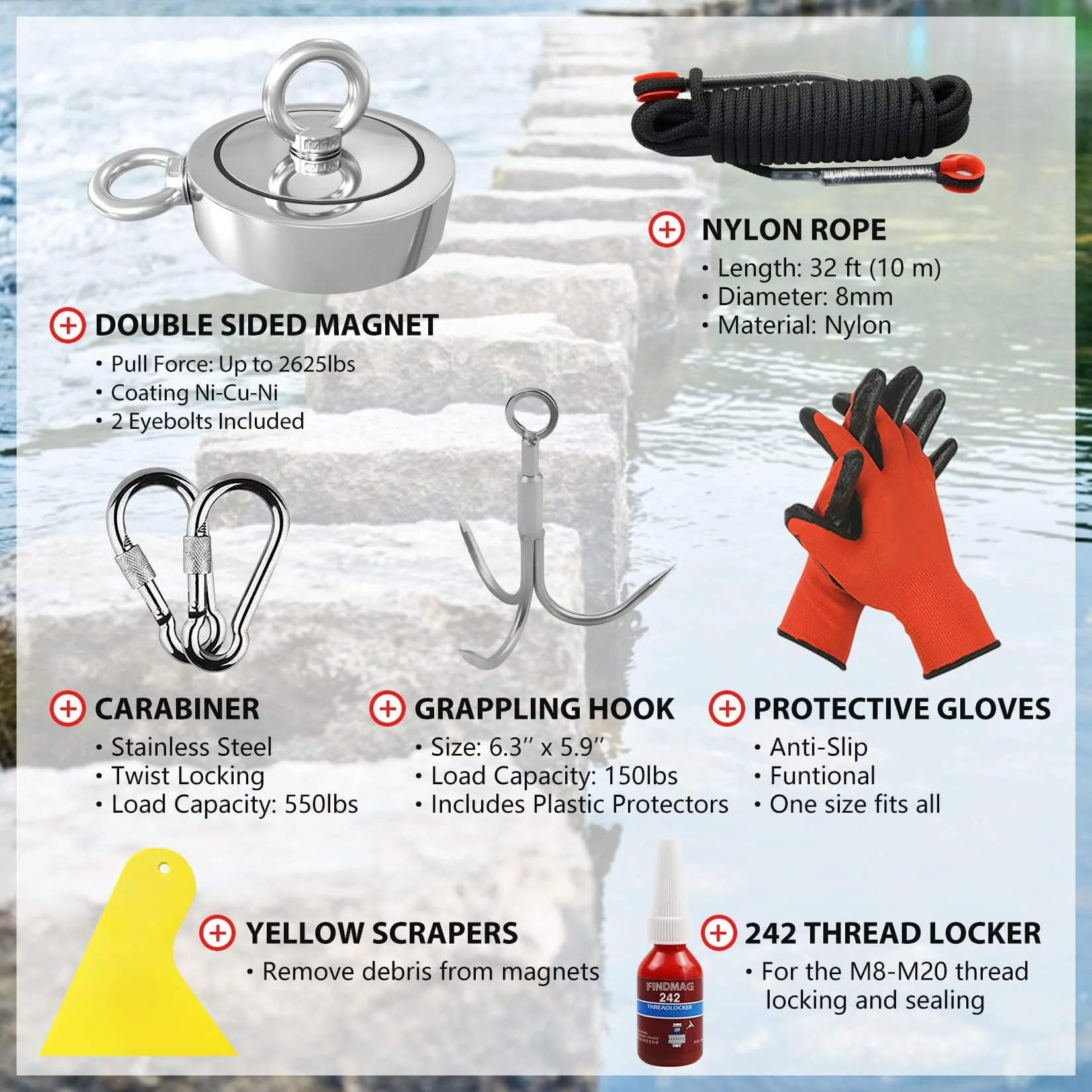 2625 lbs Fish Magnets Kit, Double Sided Magnet Fishing Kit with Rope, Super Strong Fishing Magnet for Retrieving Items in River, Lake, Beach, Lawn, 4.57" Diameter - Image 4