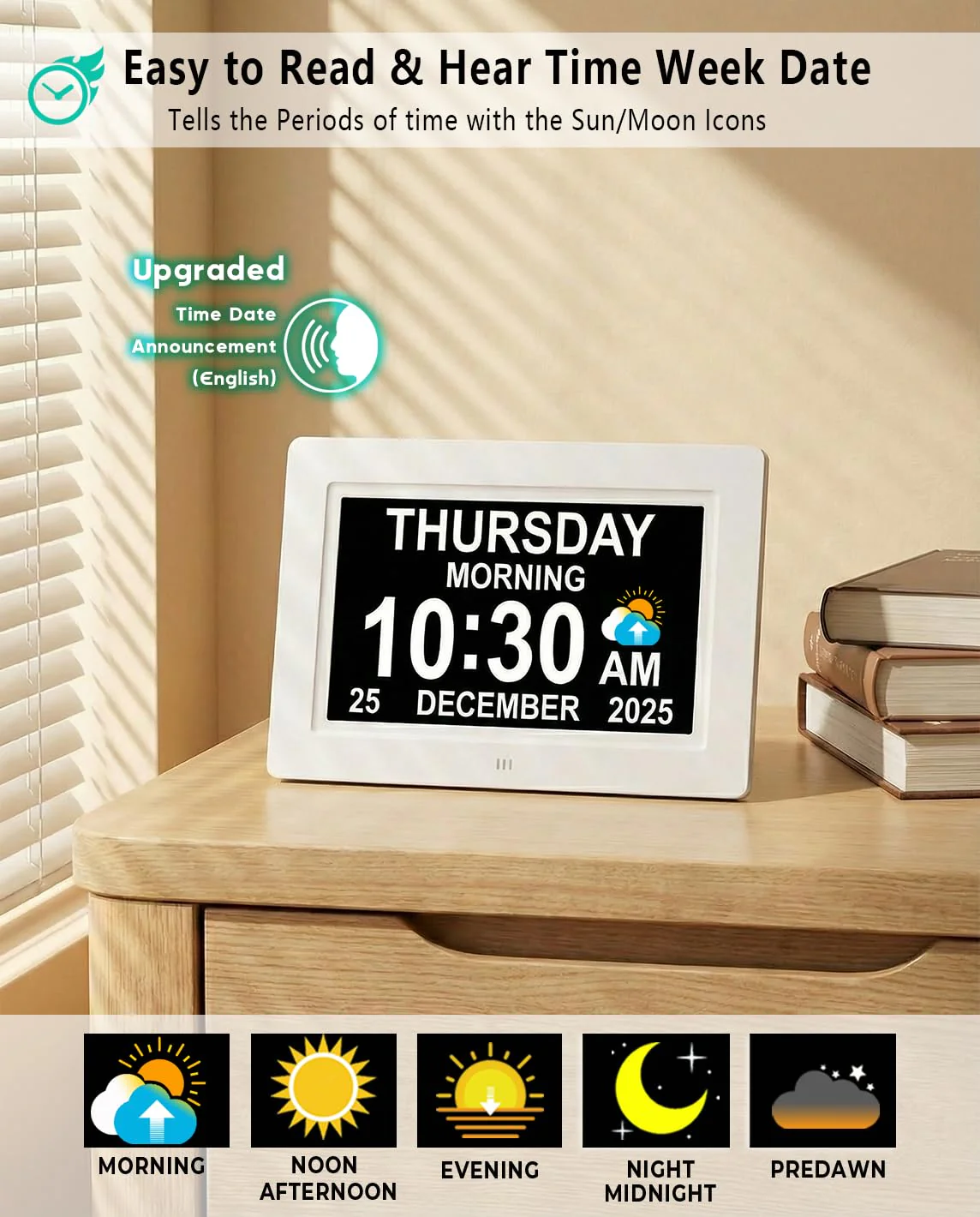 27 Alarms Digital Clock with Voice-Talking Time, Auto DST, 20 Custom Reminders, 10-Level Night Dimmer, Sleep Trainer, Day Date Week Calendar Clock for Seniors Dementia Alzheimers- 7 Inch with Remote - Image 3