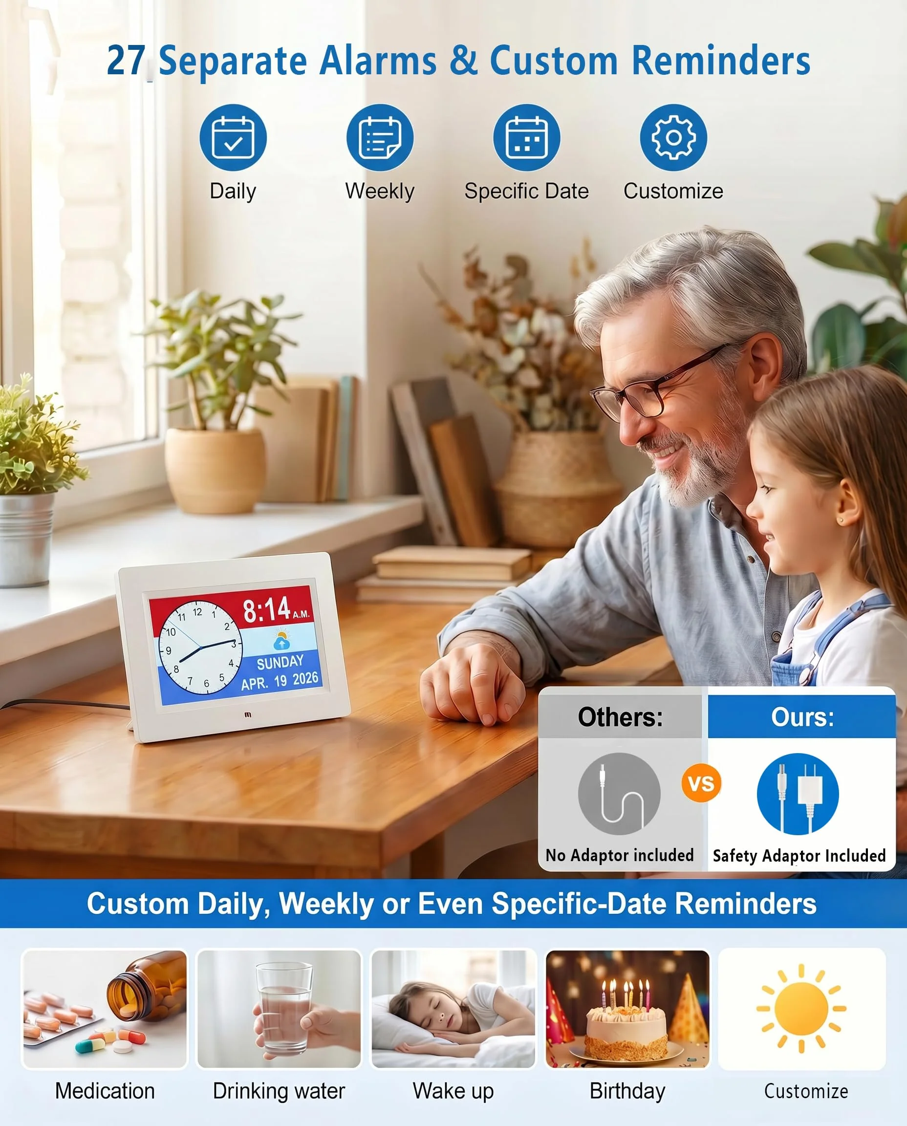27 Alarms Digital Clock with Voice-Talking Time, Auto DST, 20 Custom Reminders, 10-Level Night Dimmer, Sleep Trainer, Day Date Week Calendar Clock for Seniors Dementia Alzheimers- 7 Inch with Remote - Image 4