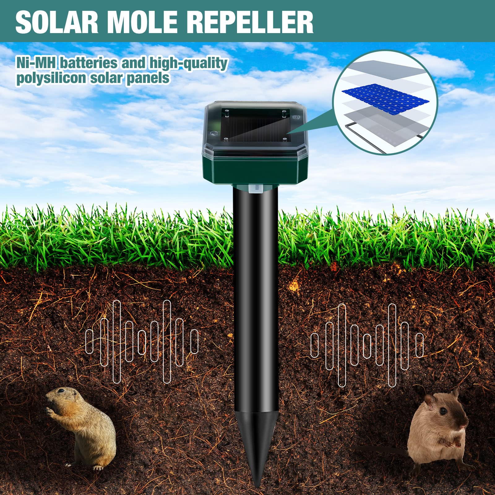 28 Pieces Solar Mole Repellent Ultrasonic Outdoor Gopher Deterrent Spikes for Garden Yard Lawn Waterproof Solar Powered Repeller for Groundhogs, Voles, Snakes and Other Burrowing Animals (Square) - Image 5