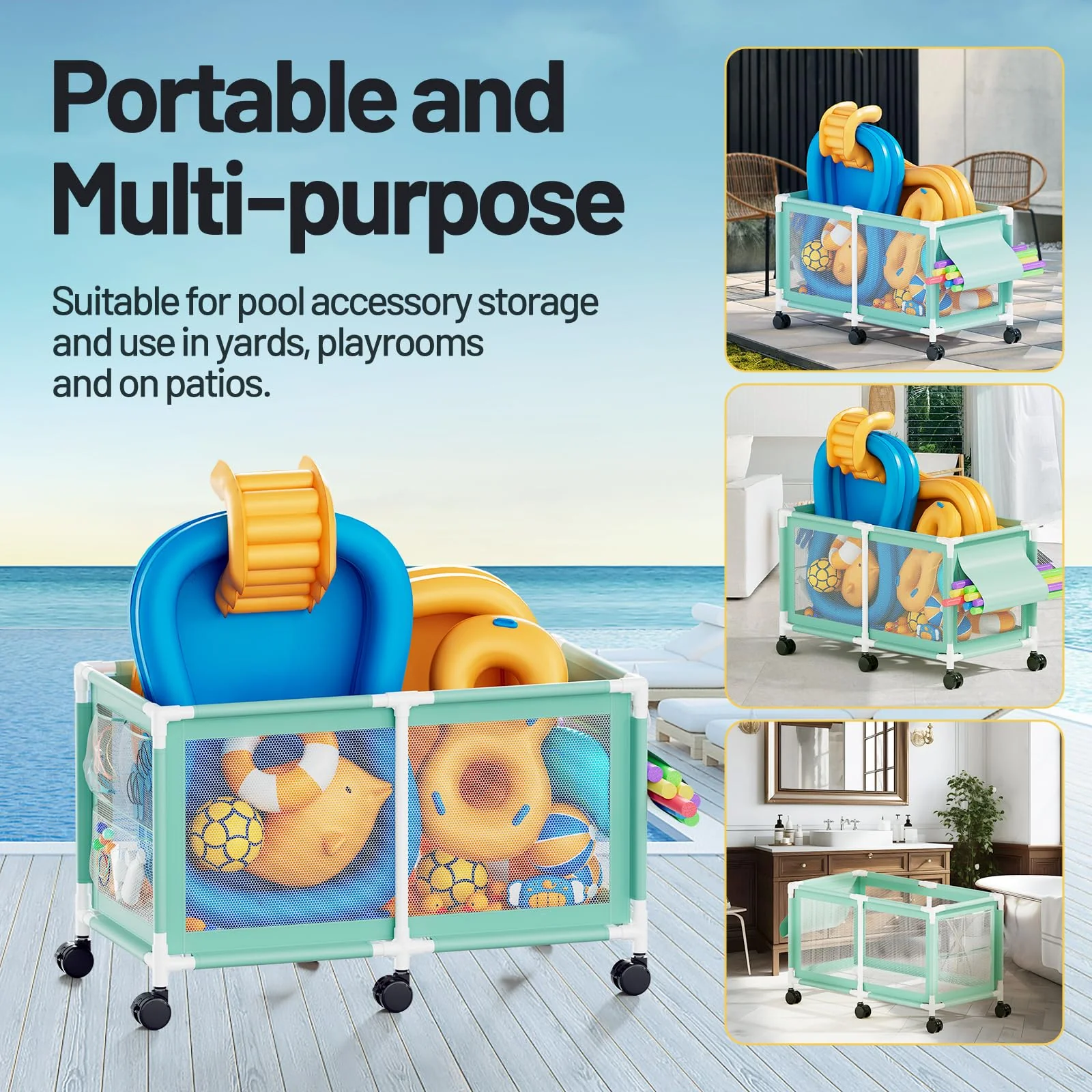 280 Gallon 69" Pool Storage Bin XXL Extra Large Swimming Pool Float Storage Bin, Pool Noodles Holder, Toys, Floats, Balls and Floats Equipment Mesh Rolling Bin for Garden Lawn, 69" Lx32 Wx35 H - Image 2