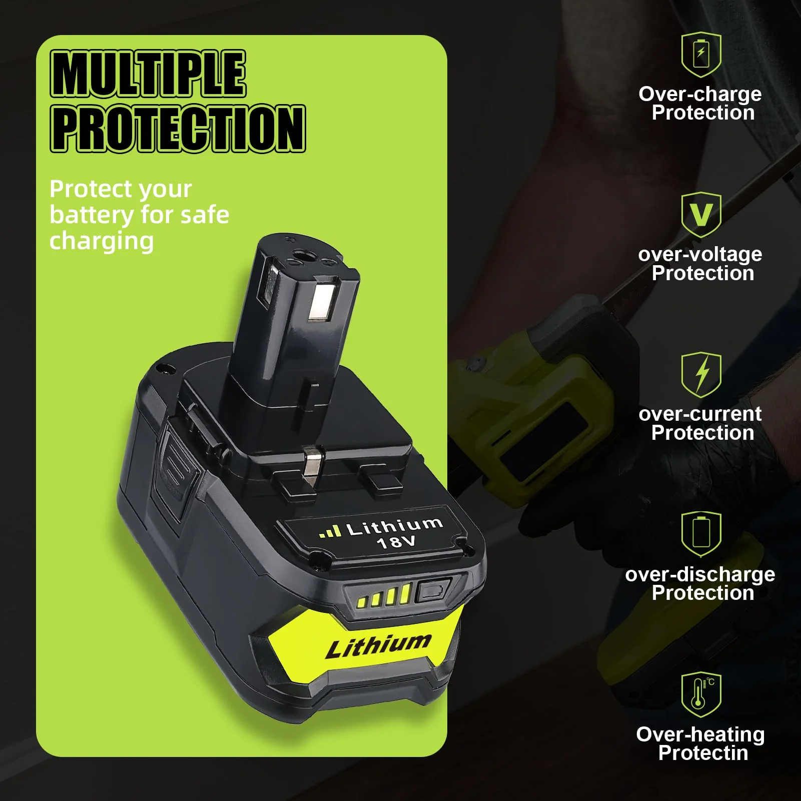 2Pack 6.0Ah Repacement for Ryobi 18V Battery with P117 Charger Compatible with Ryobi Battery 18V P102 P103 P104 P105 P107 P108 P109 Battery & Charger Kit - Image 4