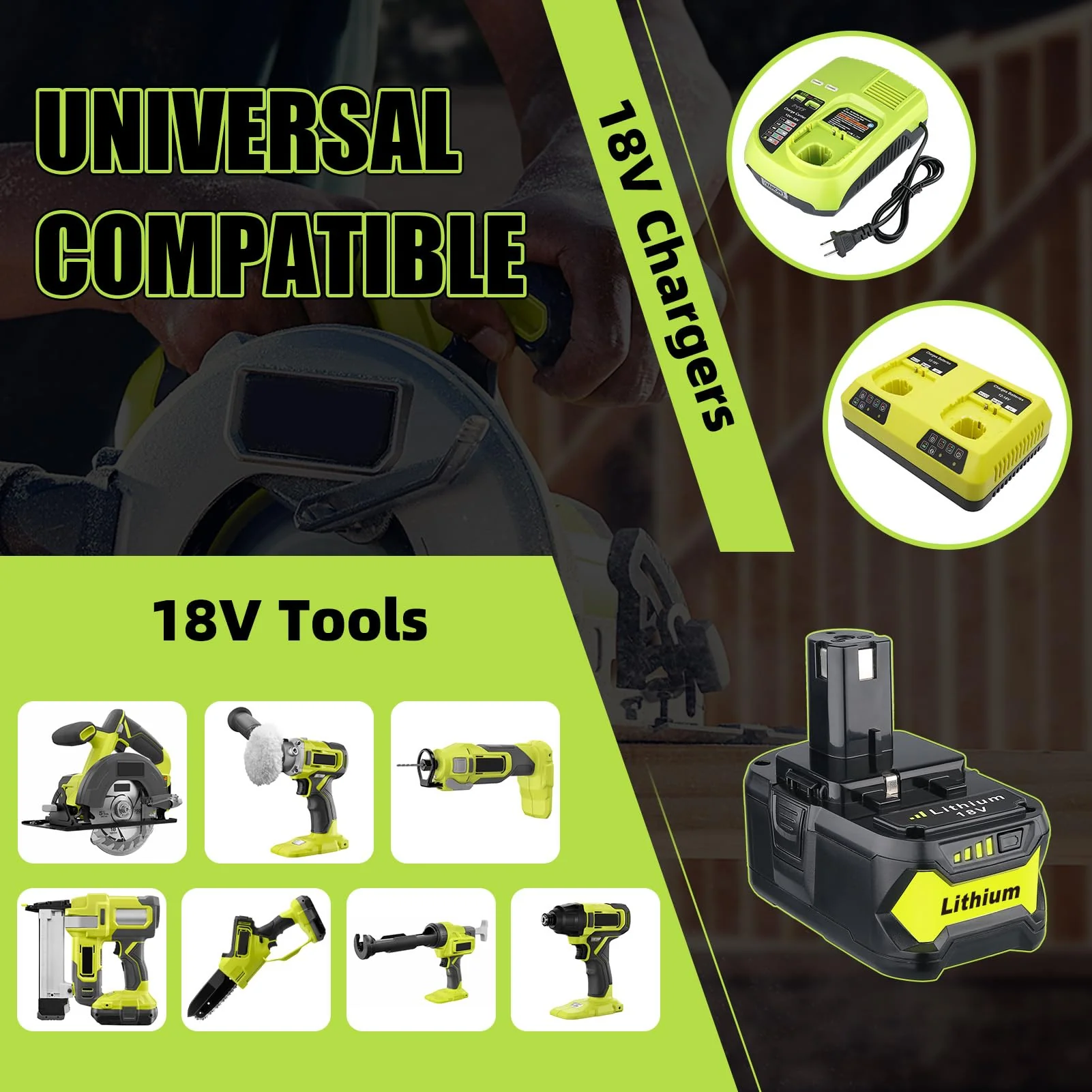 2Pack 6.0Ah Repacement for Ryobi 18V Battery with P117 Charger Compatible with Ryobi Battery 18V P102 P103 P104 P105 P107 P108 P109 Battery & Charger Kit - Image 6