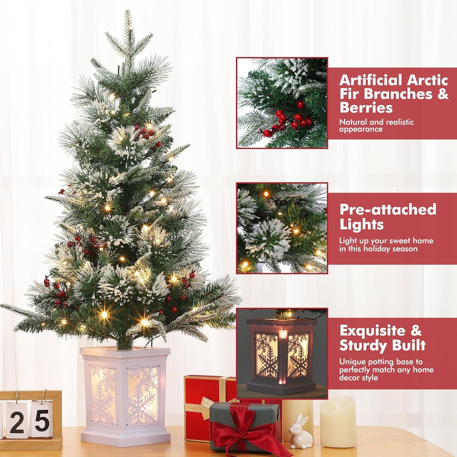 3 Ft Pre-Lit Christmas Tree, Artificial Christmas Trees with Lighting, Xmas Trees with 78 Led Lights, Christmas Decoration for Home, Office, Easy Assembly - Image 3