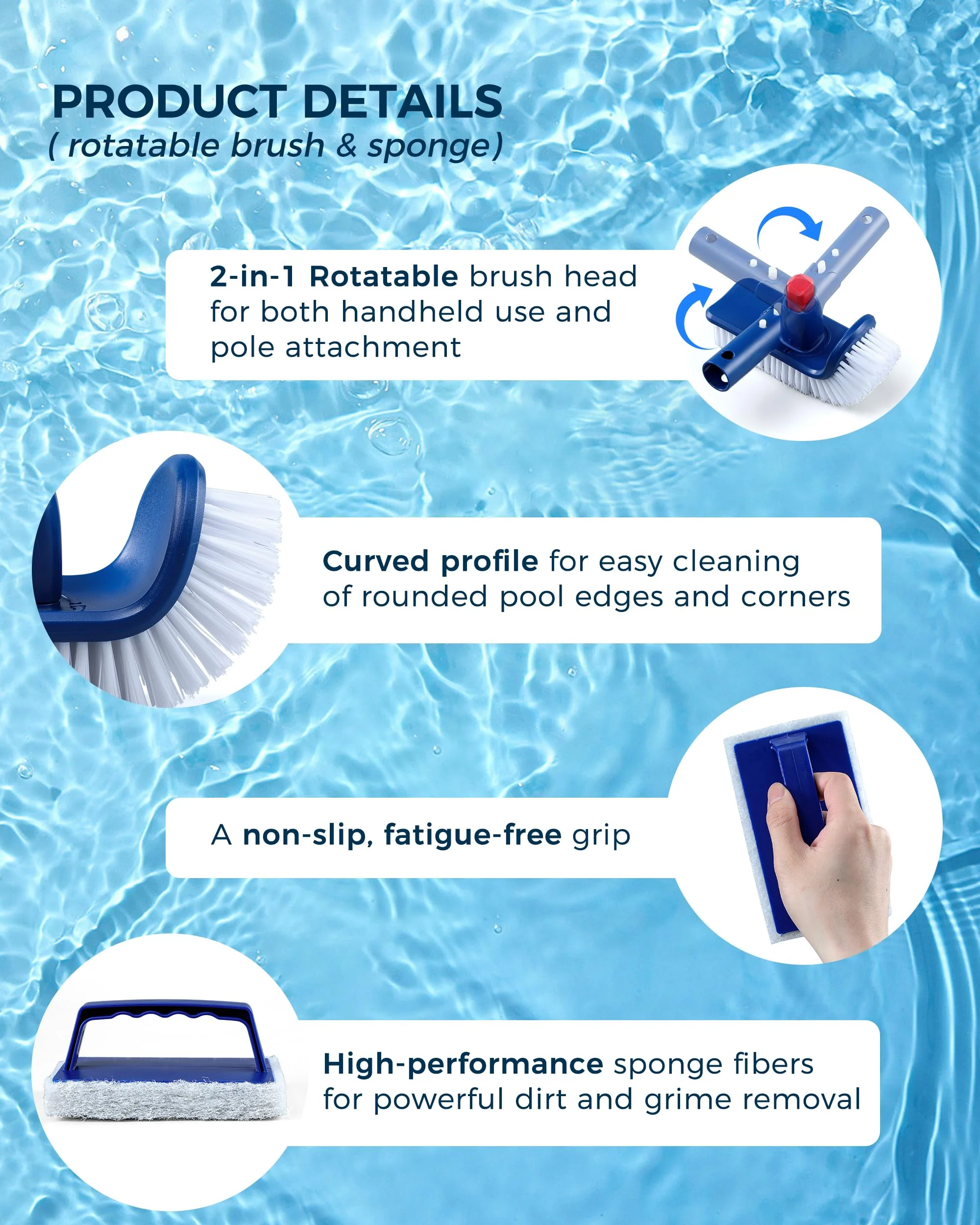 3-in-1 Full-Coverage Pool Brush Head Set - Includes 17.5" Long Brush, Rotatable Handheld/Extension Pole Brush, Sponge Brush, Durable Scrubber Brush Set for Pool Floors/Corners/Steps - Image 3