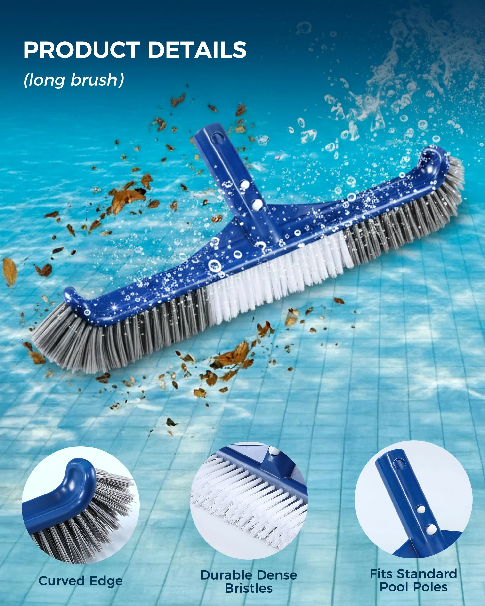 3-in-1 Full-Coverage Pool Brush Head Set - Includes 17.5" Long Brush, Rotatable Handheld/Extension Pole Brush, Sponge Brush, Durable Scrubber Brush Set for Pool Floors/Corners/Steps - Image 4