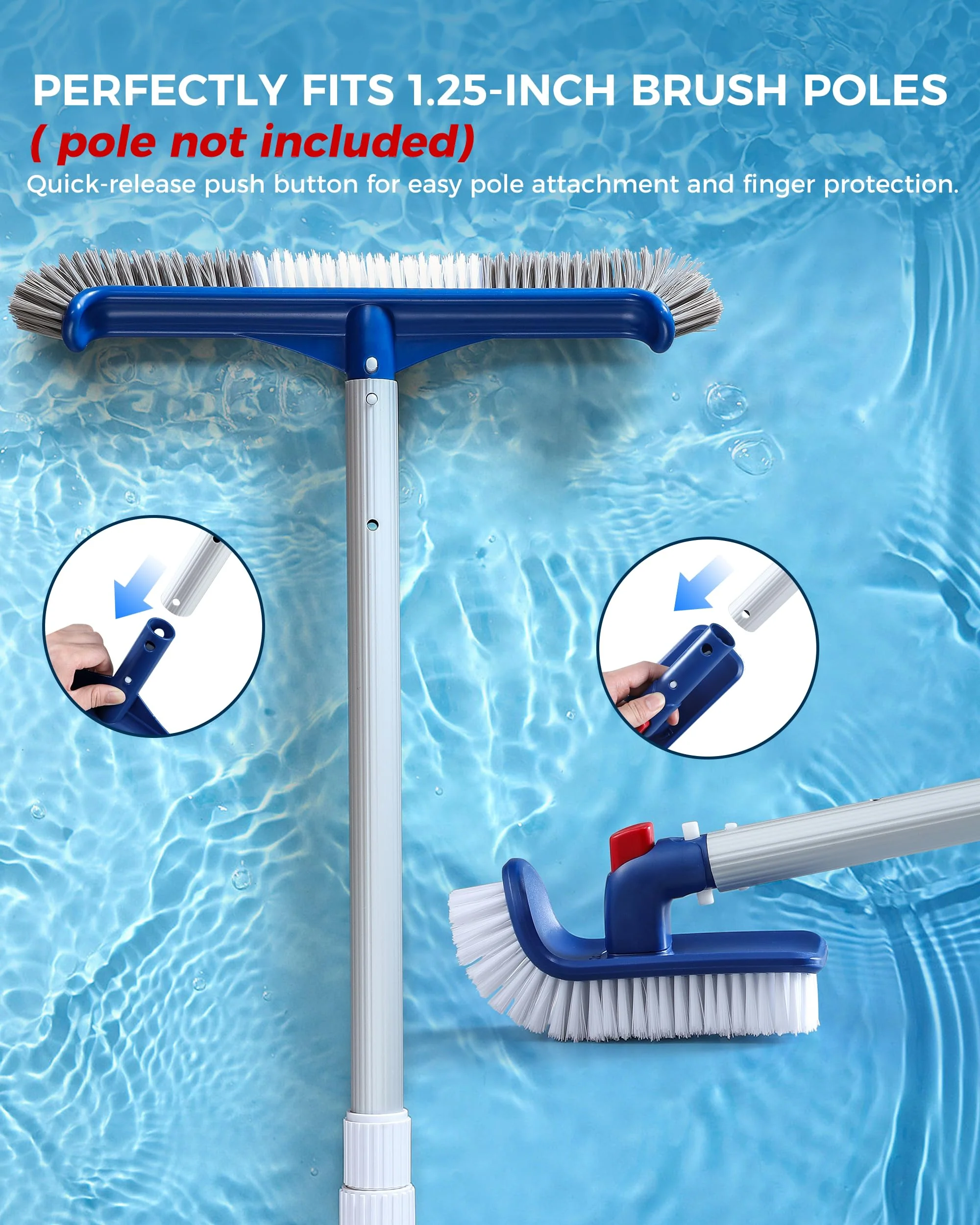 3-in-1 Full-Coverage Pool Brush Head Set - Includes 17.5" Long Brush, Rotatable Handheld/Extension Pole Brush, Sponge Brush, Durable Scrubber Brush Set for Pool Floors/Corners/Steps - Image 5