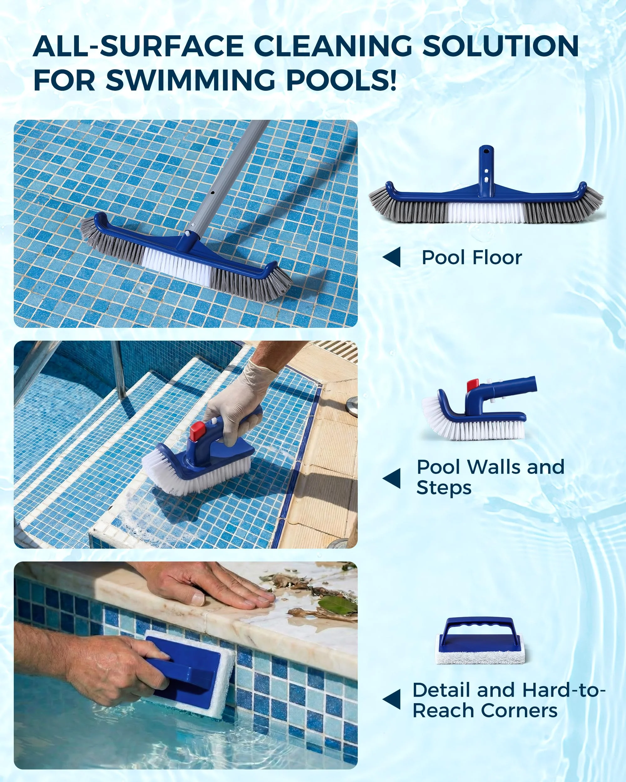 3-in-1 Full-Coverage Pool Brush Head Set - Includes 17.5" Long Brush, Rotatable Handheld/Extension Pole Brush, Sponge Brush, Durable Scrubber Brush Set for Pool Floors/Corners/Steps - Image 6