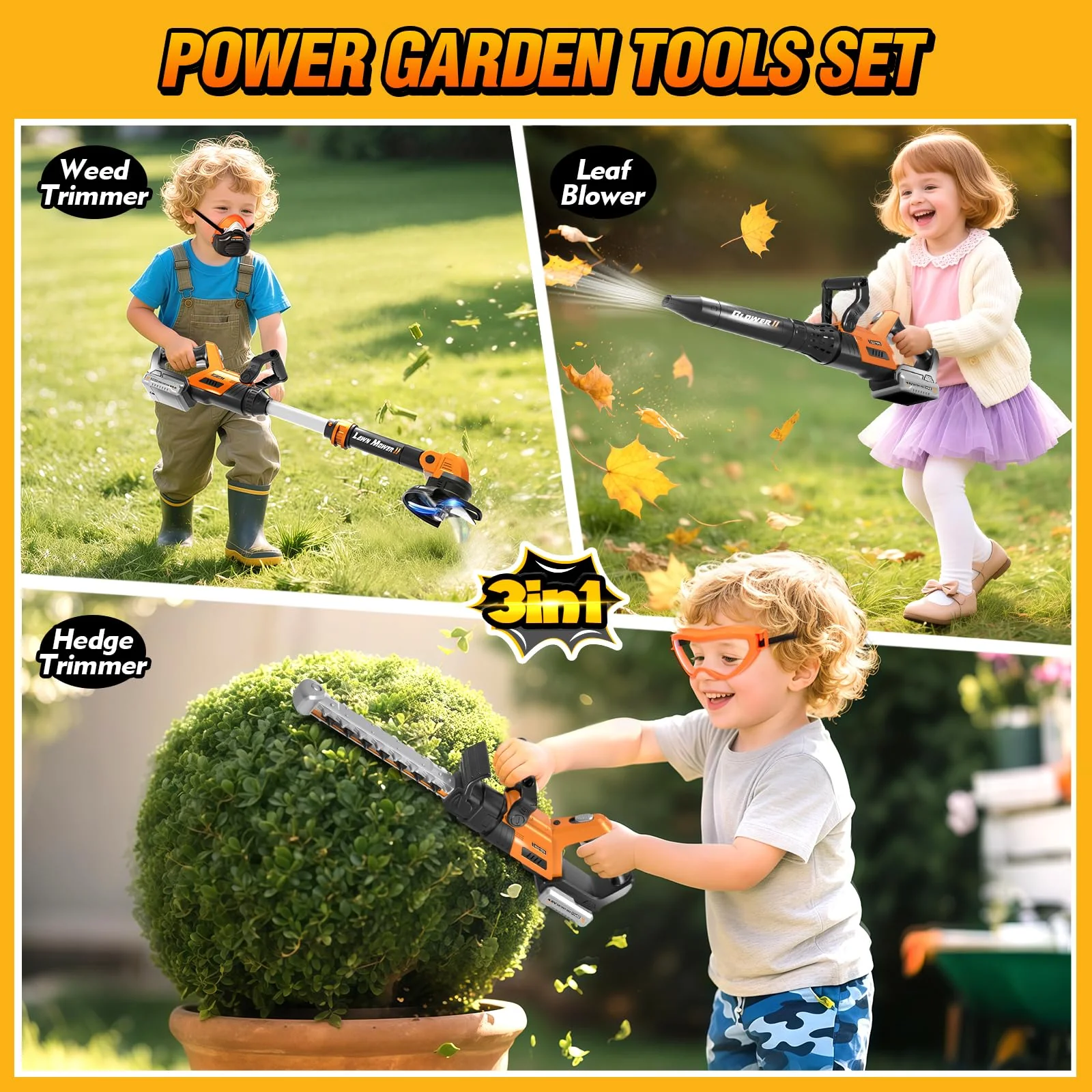 3-IN-1 Kids Garden Tools with Lights and Sounds, Weed Wacker Toy, Leaf Blower Toy, and Hedge Trimmer, Yard Tools Outdoor toys for Boys Pretend Role Play, Christmas Birthday Gifts for Kids 3,4,5,6,7,8+ - Image 8