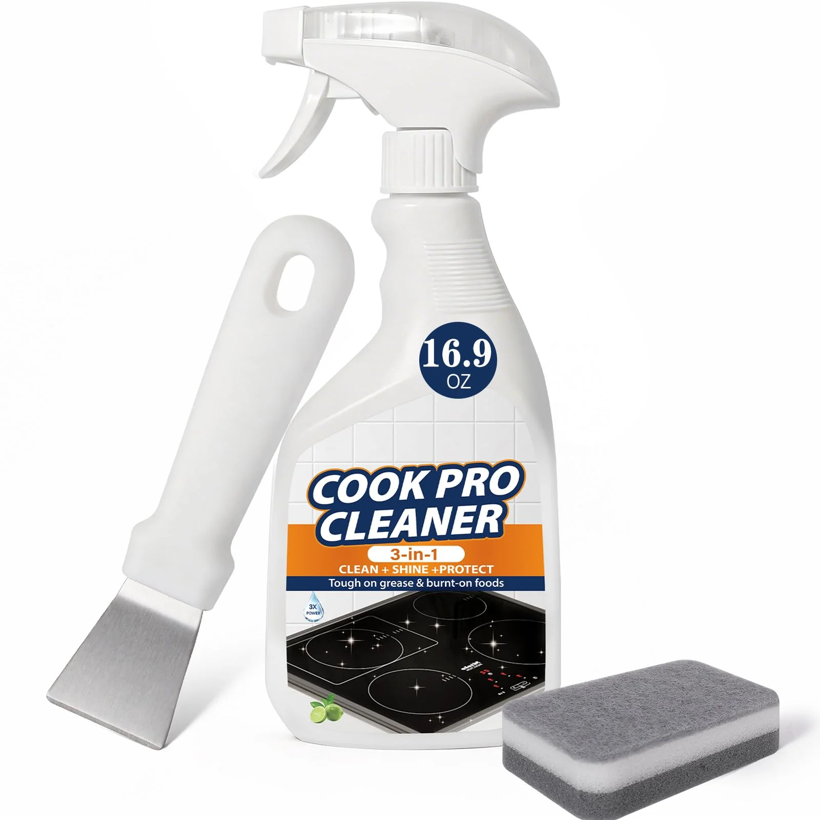 3-in-1 Stove Top Cleaner Kit - Glass Cooktop Cleaner for Ceramic Electric Gas & Induction Stoves - Includes Heavy Duty Scraper and Double-Sided Sponges for Removing Burnt-on Grease, Oil & Grime