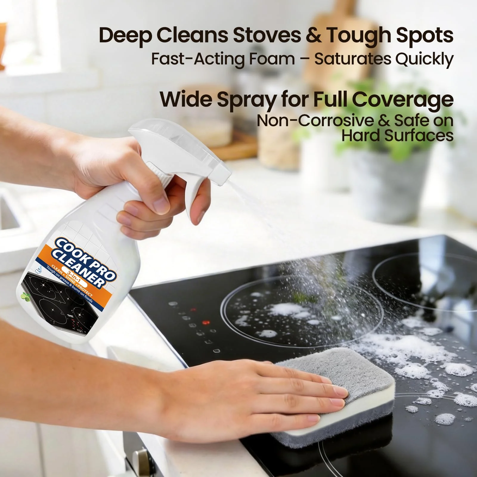 3-in-1 Stove Top Cleaner Kit - Glass Cooktop Cleaner for Ceramic Electric Gas & Induction Stoves - Includes Heavy Duty Scraper and Double-Sided Sponges for Removing Burnt-on Grease, Oil & Grime - Image 6